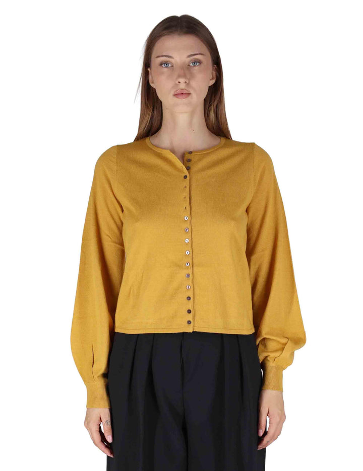 Cardigan donna New Merinos Bland in lana senape a girocollo con bottoncini JN369778199 70013 Maliparmi 