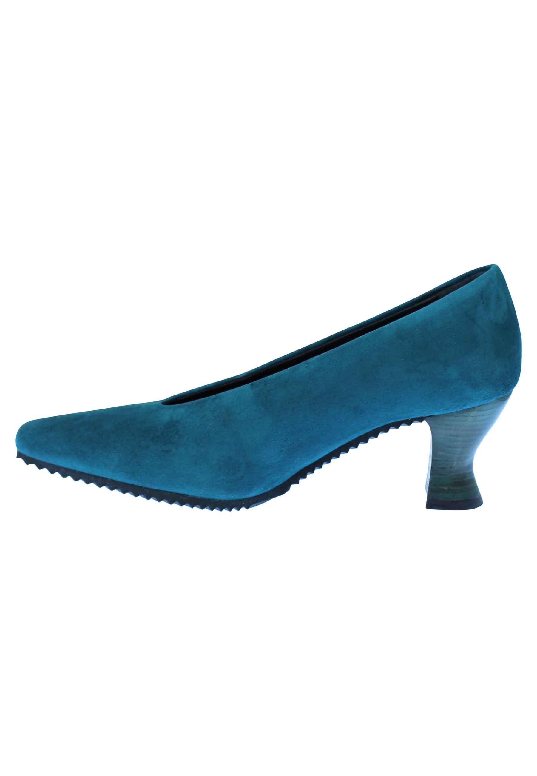 Decollete donna in camoscio petrolio punta quadra e tacco in cuoio SR11 032 Spatarella 