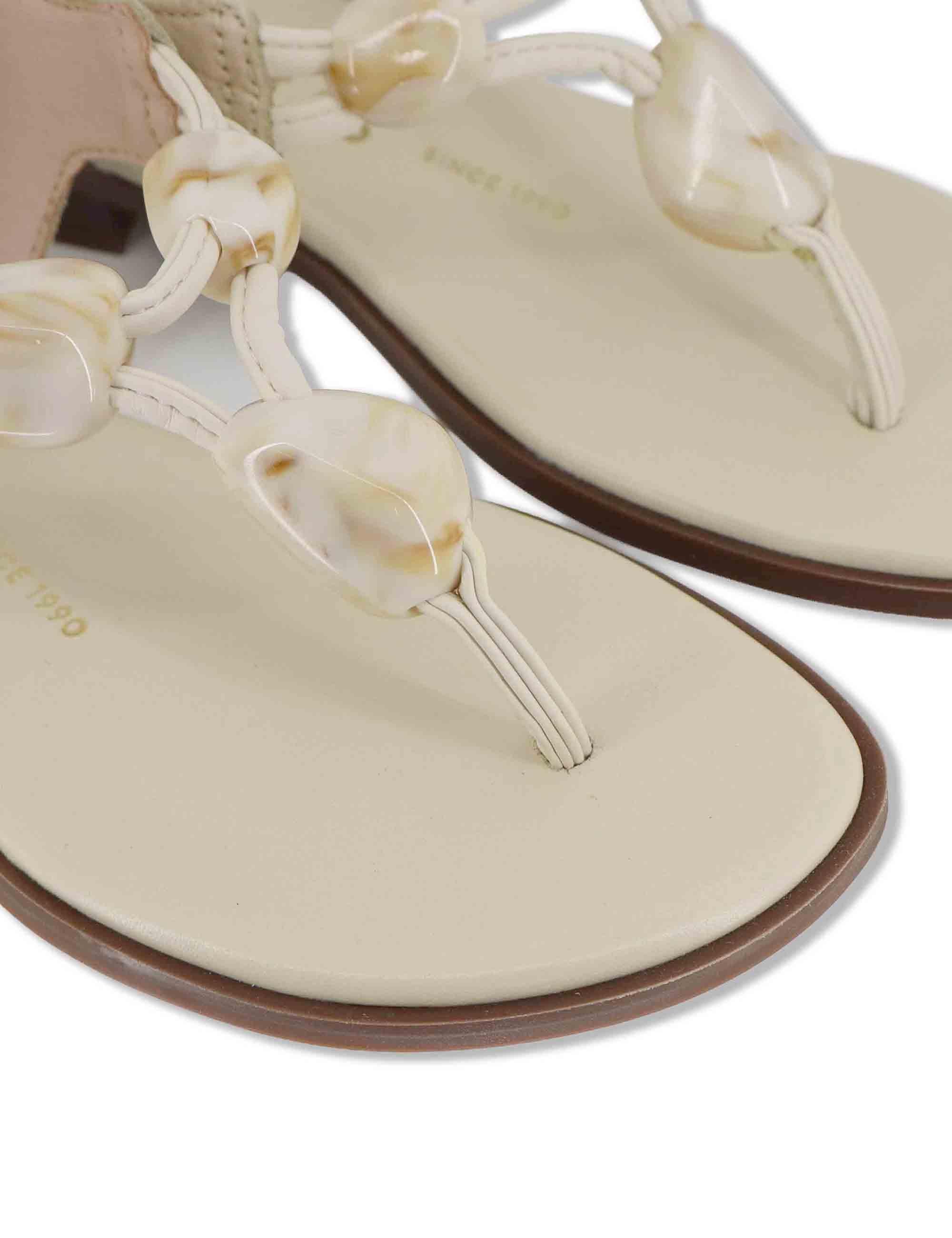 Sandali flat infradito donna in pelle off white con pietre e cinturino alla caviglia HV264785 BUTTER Hispanitas 
