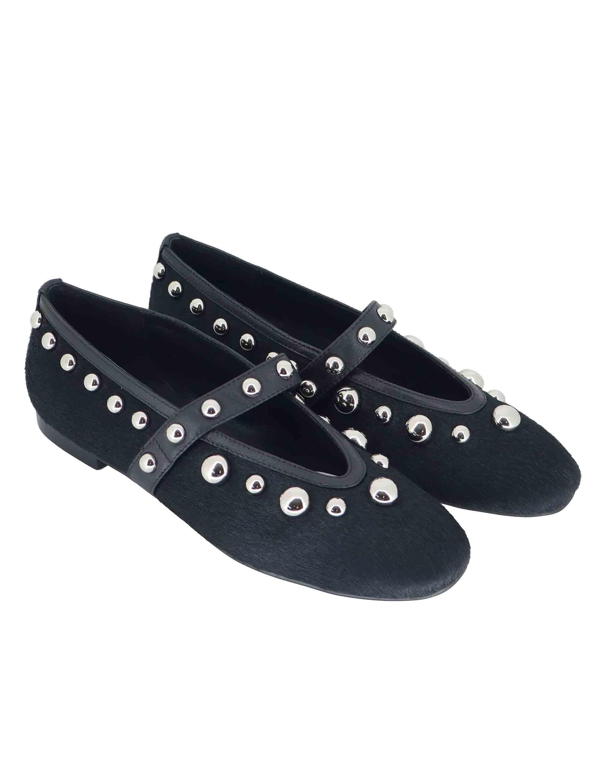 Ballerine donna in pelle nera con borchie e cinturino sul collo piede 717Z90VK 03 Bibi Lou 