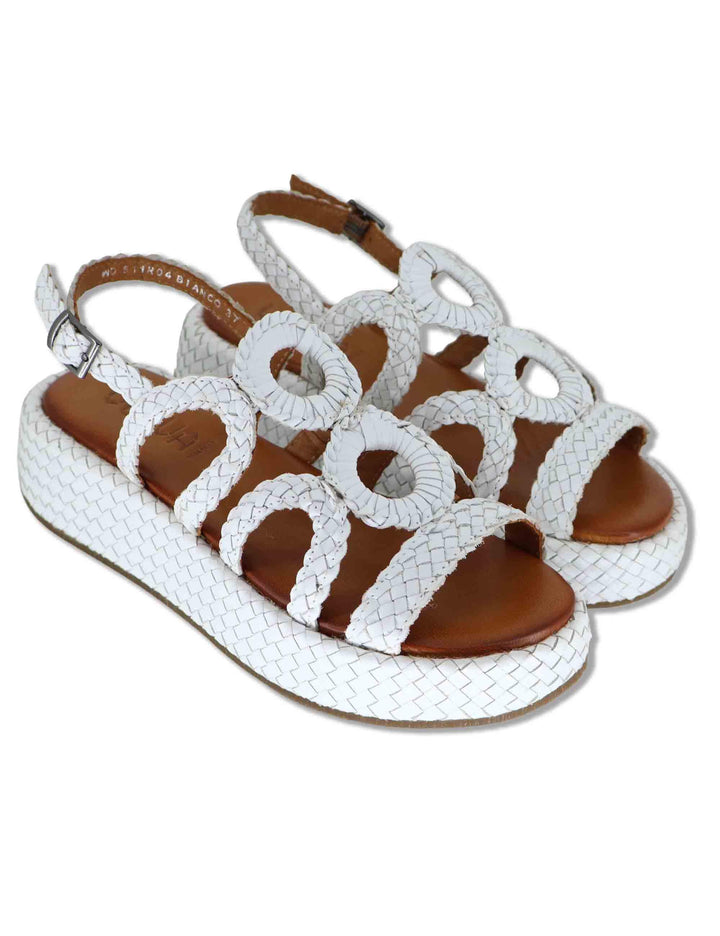 Sandali donna in pelle intrecciata bianca con zeppa e cinturino posteriore WD511R04 500013 Vueva 