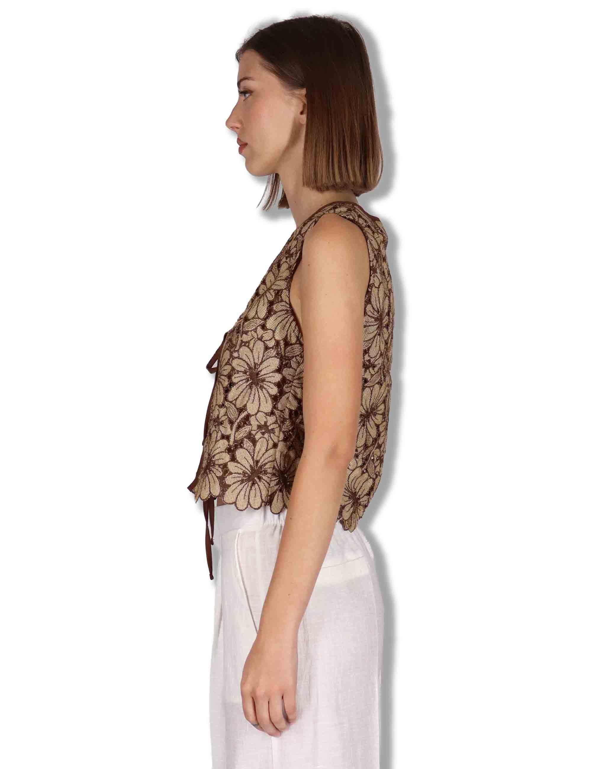 Gilet donna in macrame senape ricami floreali e nappine JABGI0001-F1504-1251 1226 Justmine 