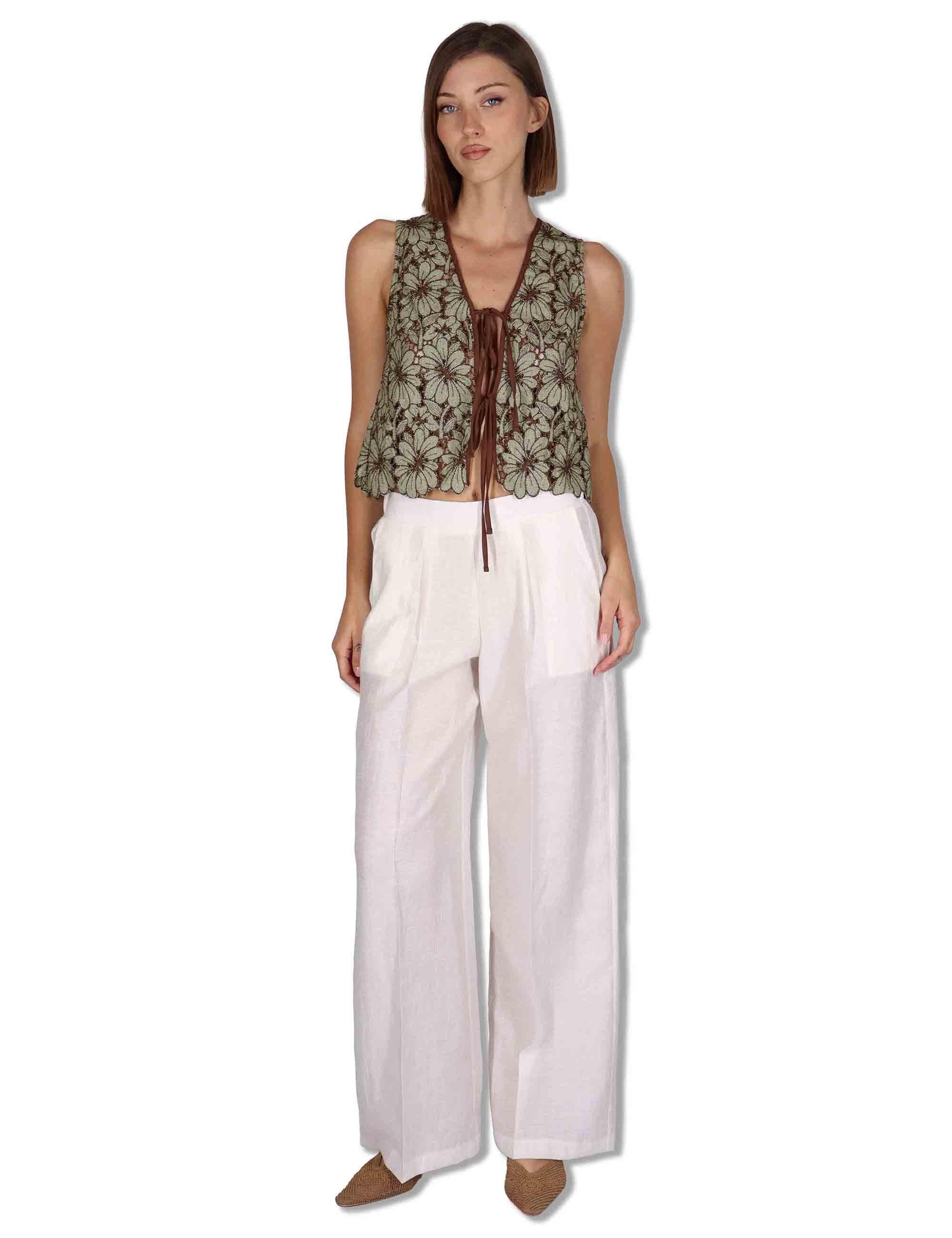 Gilet donna in macrame verde ricami floreali e nappine JABGI0001-F1504-1251 7046 Justmine 