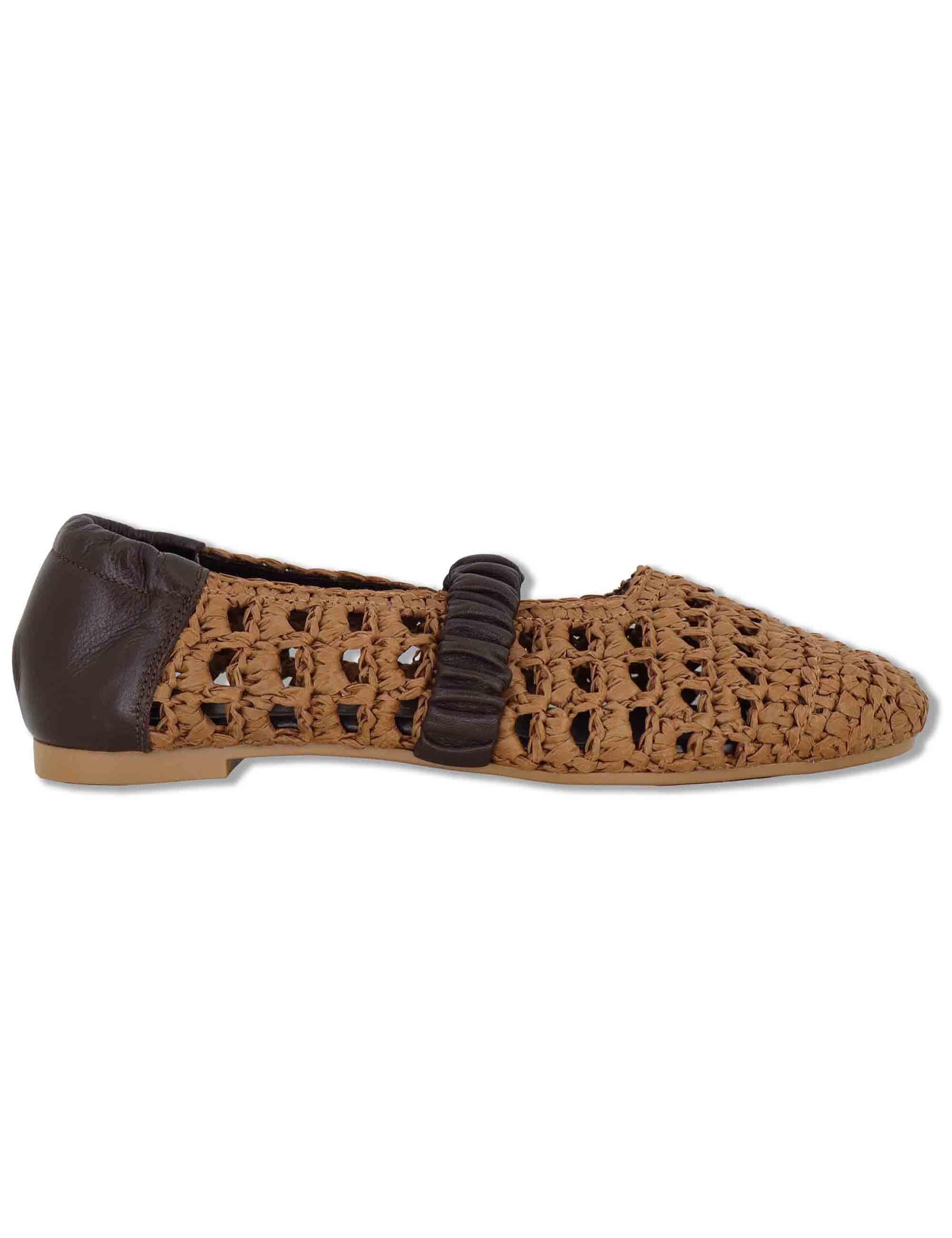 Ballerine donna in rafia cuoio intrecciata con elastico in pelle e tacco basso SP251400 014 Spatarella 