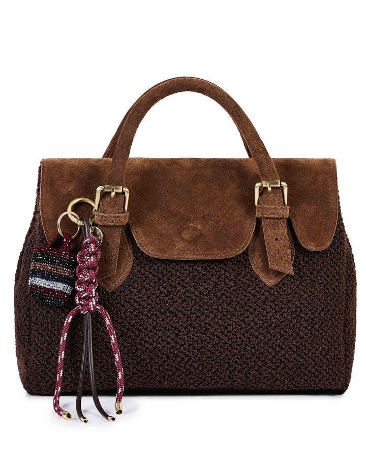Borse donna in cotone boucle e camoscio marrone con tracolla removibile SIENNA H01 Via Mail Bag 