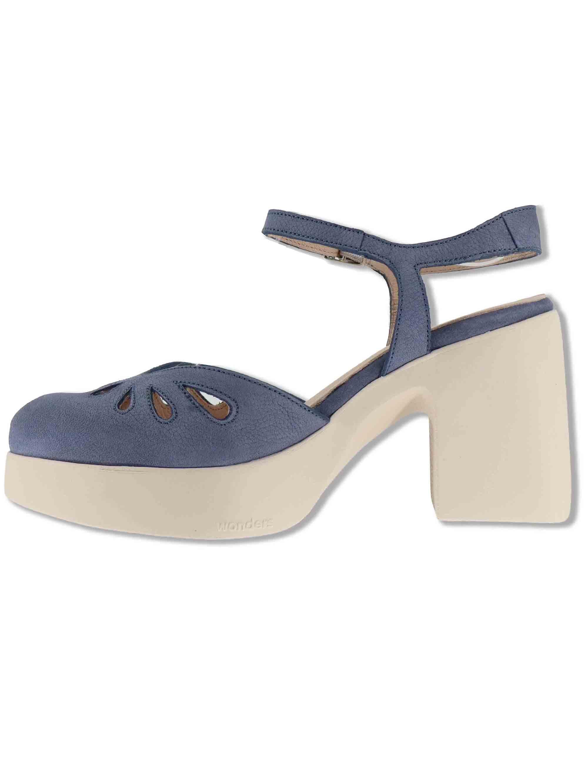 Sandali donna in pelle blu con cinturino alla caviglia e zeppa alta in gomma H-4991 002 Wonders 