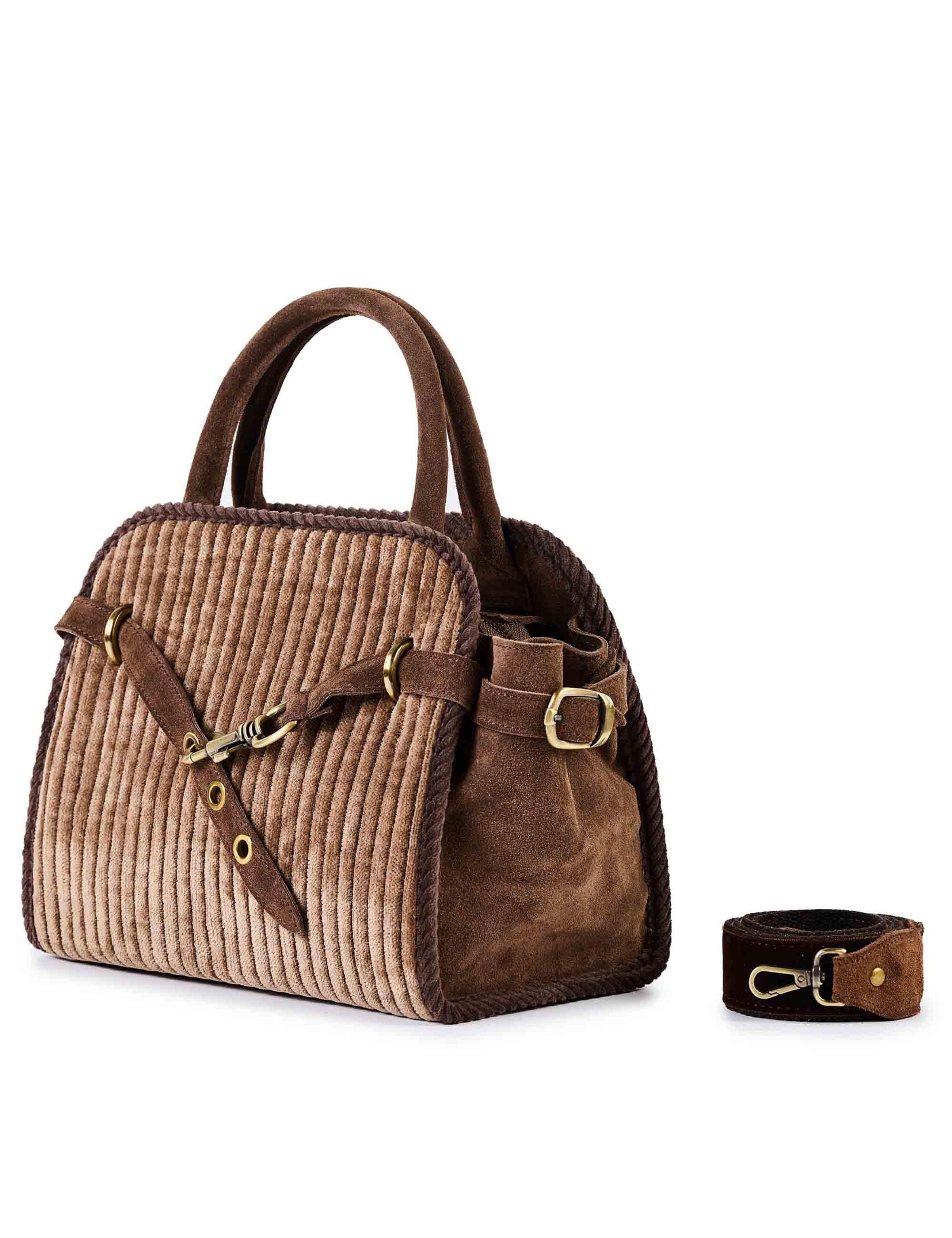 Borse donna in velluto e camoscio marrone con tracolla removibile KAROL E01 Via Mail Bag 