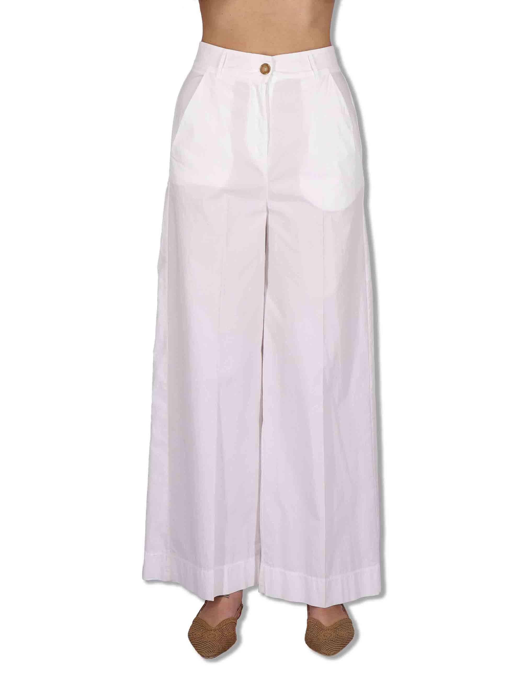 Pantaloni donna in cotone stretch off white a gamba larga PILEA OVO_WHITE TreBarraBi 