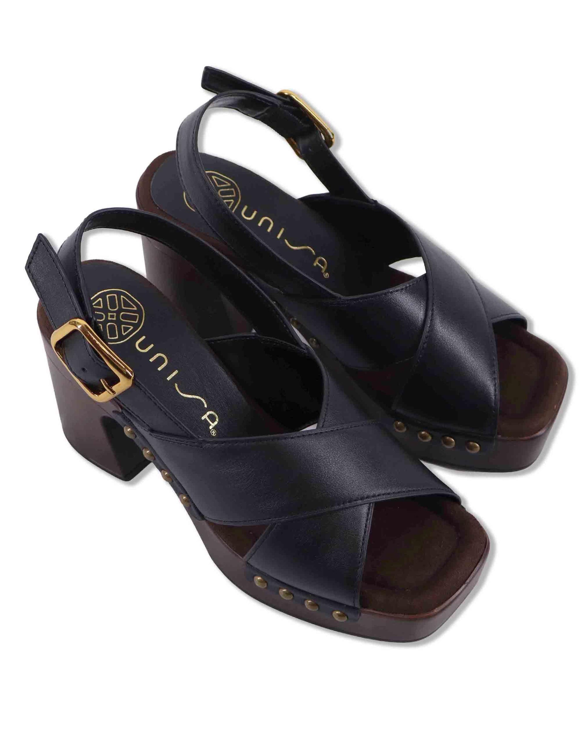 Sandali donna slingback in pelle nera con zeppa alta in legno OBRA GRA BLACK Unisa 