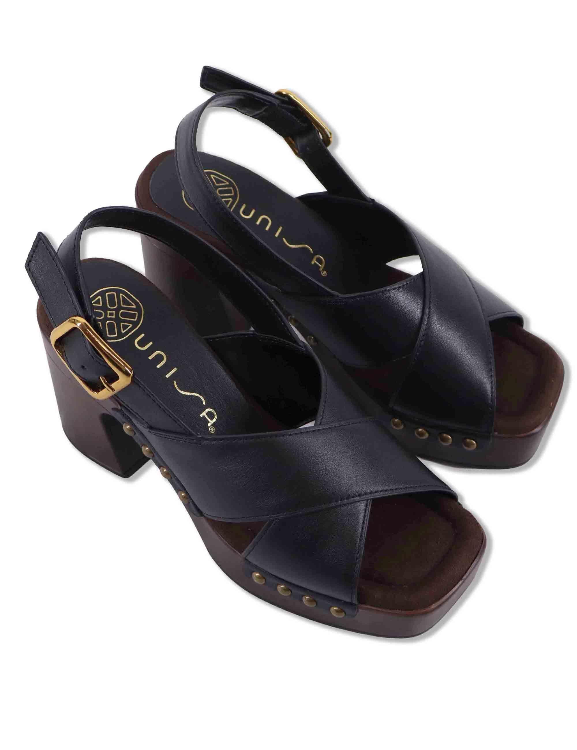 Sandali donna slingback in pelle nera con zeppa alta in legno OBRA GRA BLACK Unisa 