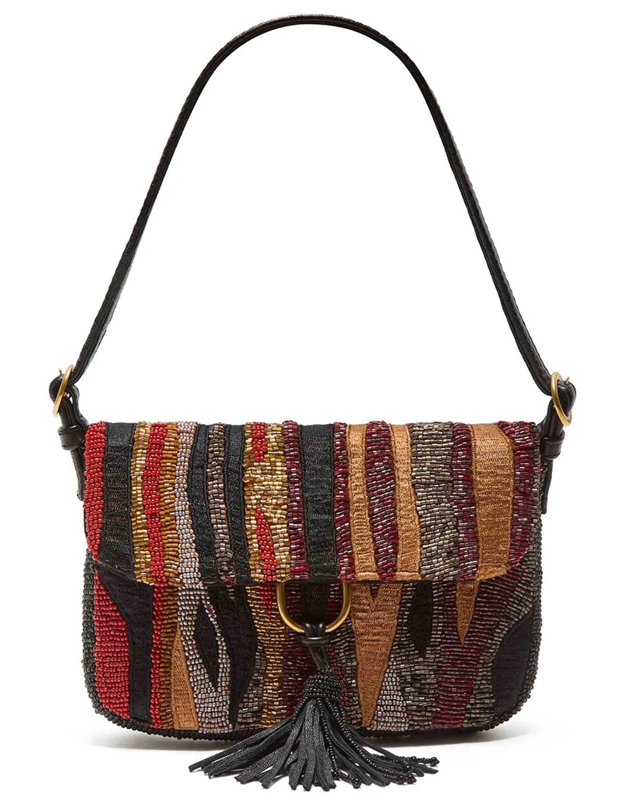 Borse donna Flame Embroidery in pelle nera e oro con tracolla a spalla BF001307235 99C99 Maliparmi 