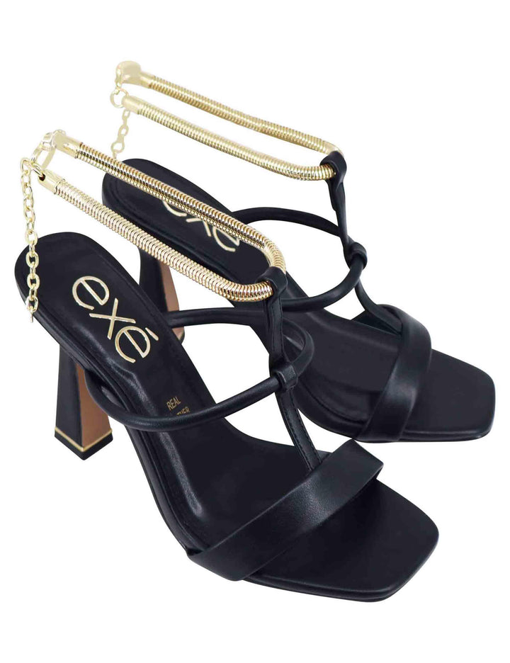 Sandali donna in eco pelle nera con tacco alto e cavigliera morbida in oro S47002545340 245 Exe 