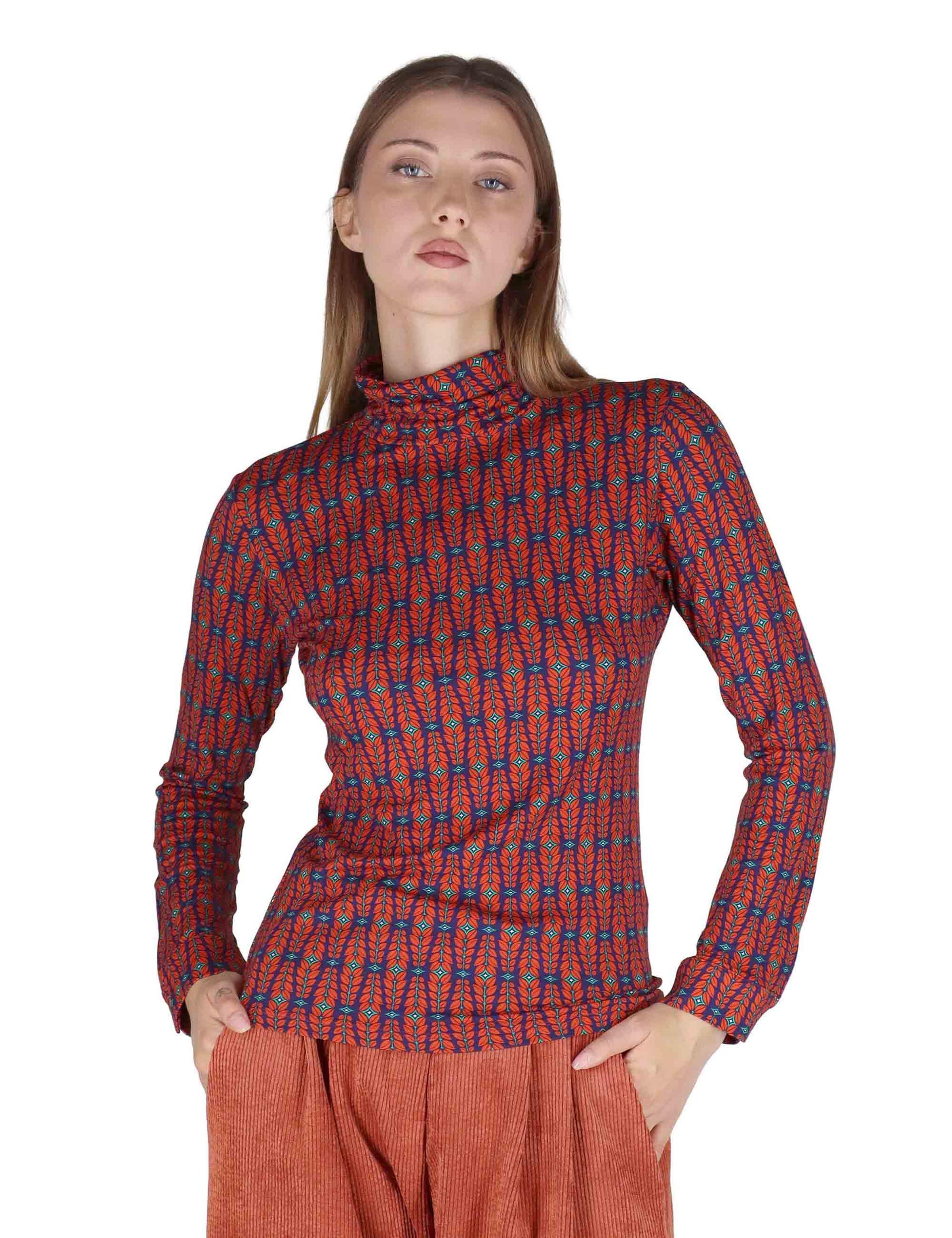 Camicie donna in jersey blu a fantasia a maniche lunghe e collo alto JABMJ0025-F1045 5020 Justmine 