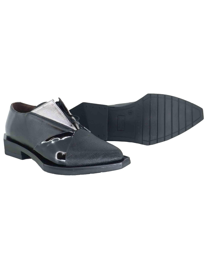 Stringate donna in pelle nera e argento tacco basso G18 1 Le Bohemien 