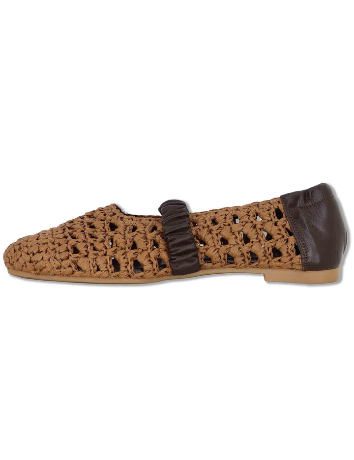Ballerine donna in rafia cuoio intrecciata con elastico in pelle e tacco basso SP251400 014 Spatarella 