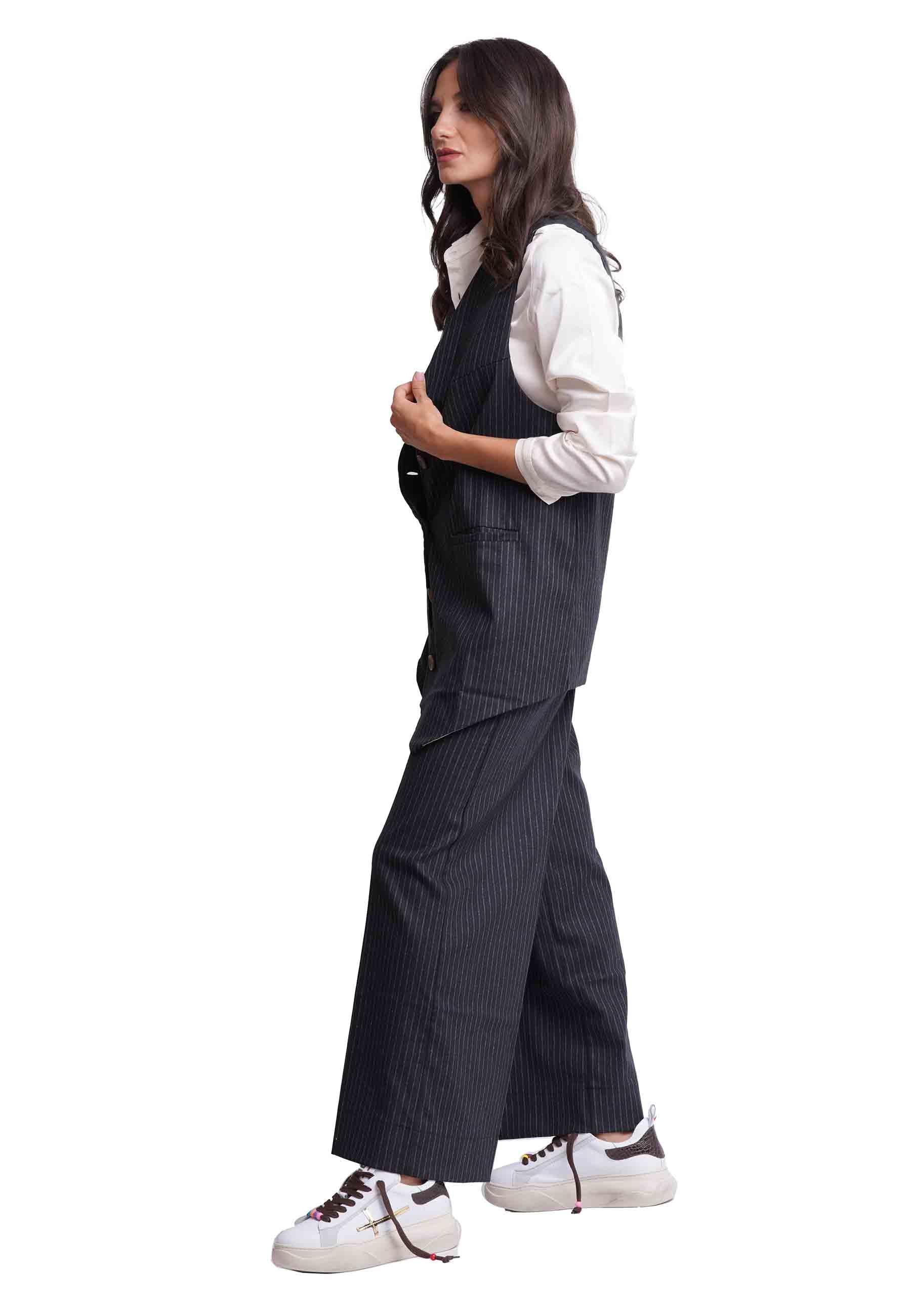 Maxi gilet donna in gessato nero monopetto BUSTA 001 TreBarraBi 