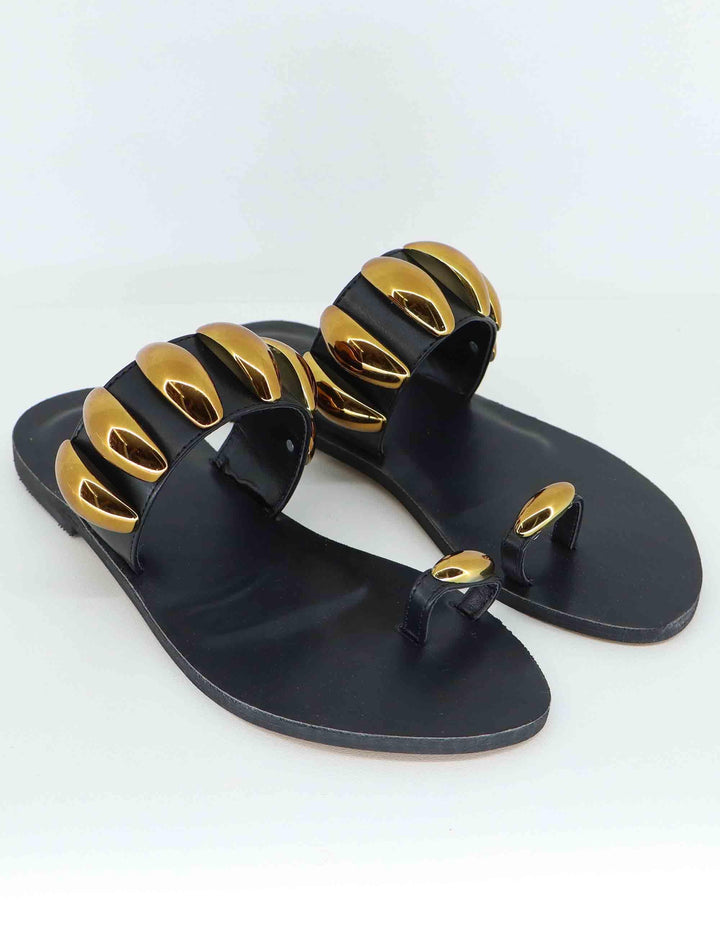 Sandali flat infradito donna in tessuto nero con borchie U428B6011001 NSS01 Exe 