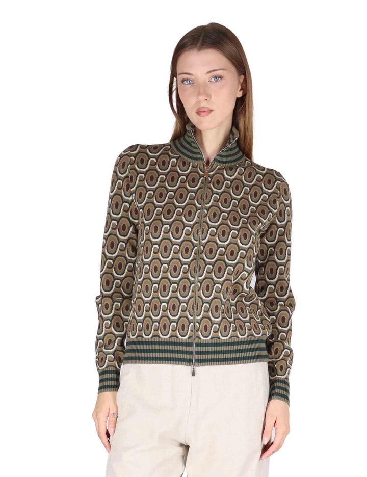 Cardigan donna Rolling Chain in tessuto stampato verde con collo alto JN370378207 D6077 Maliparmi 