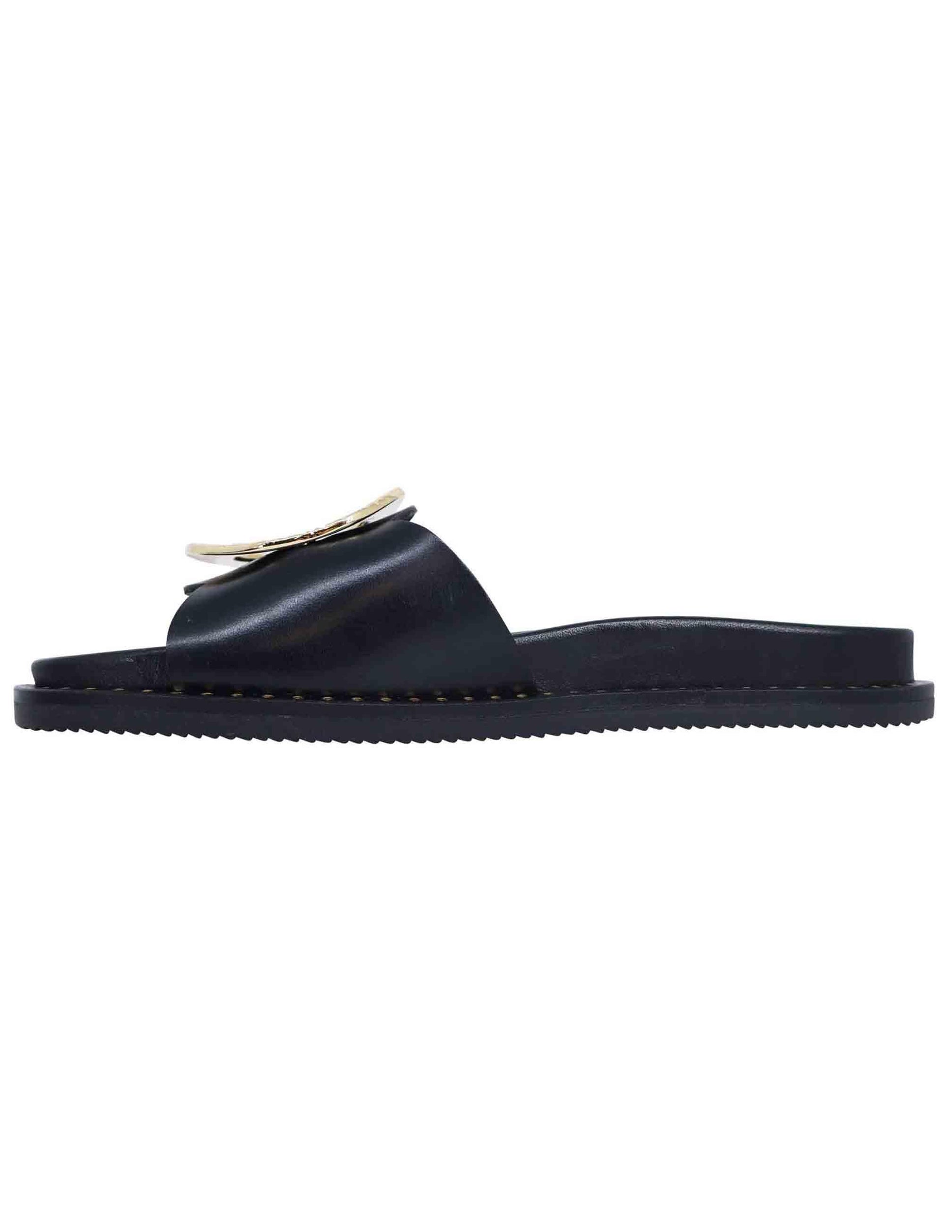 Sandali donna flat in pelle nera con fussbett e fibbia in oro K652 001 Kotris 