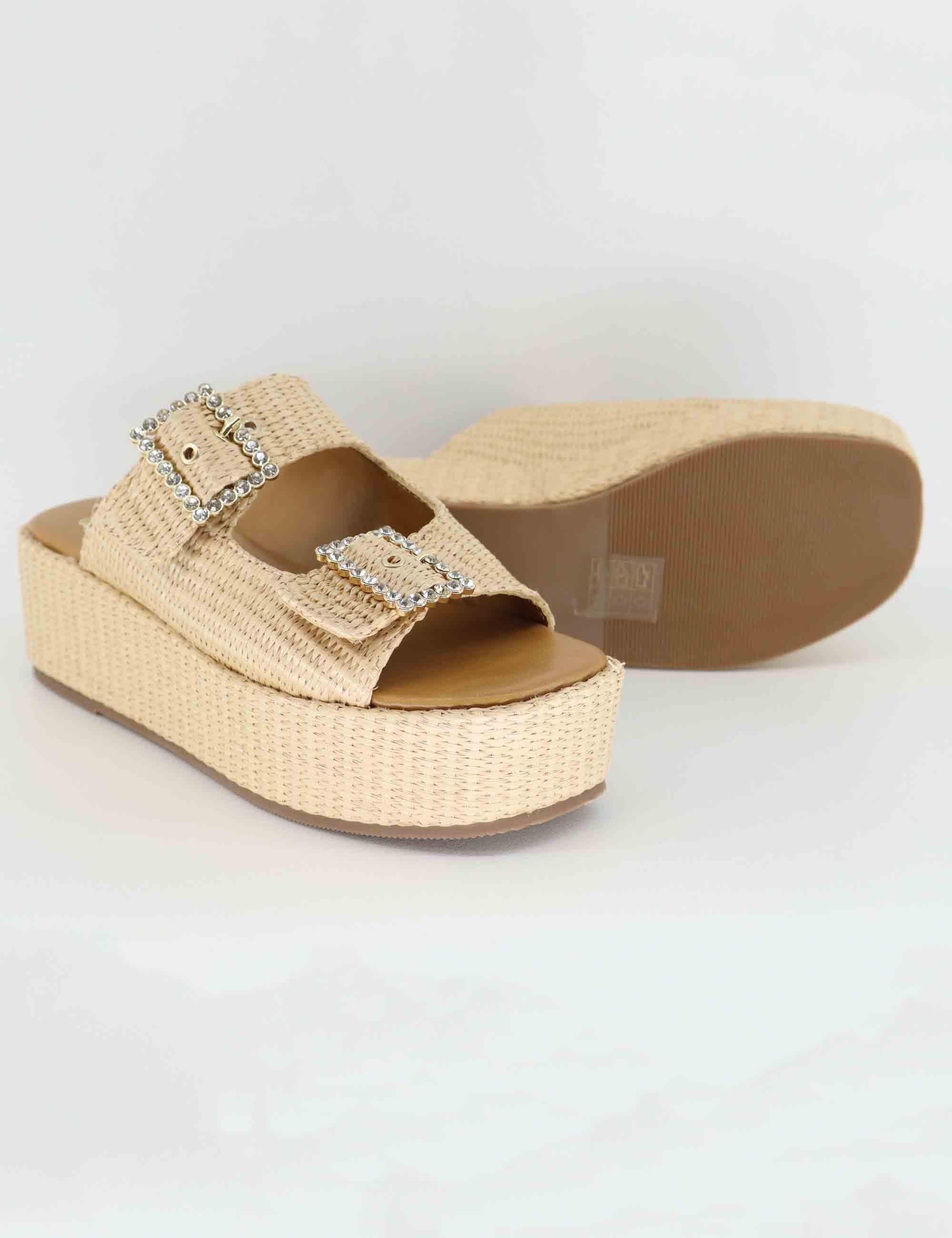 Sandali donna in rafia beige con zeppa e fibbe laterali U47002523284 3166-0 Exe 