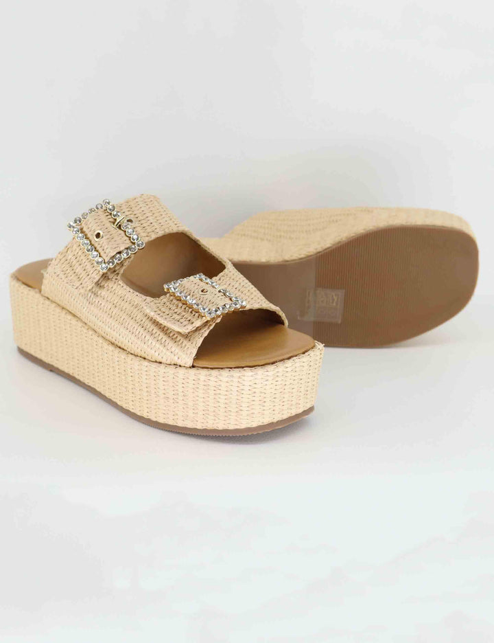 Sandali donna in rafia beige con zeppa e fibbe laterali U47002523284 3166-0 Exe 