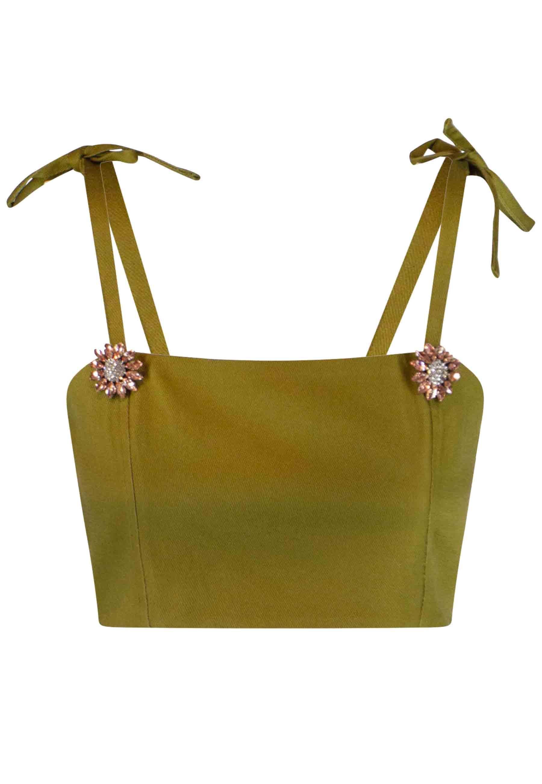Top donna in cotone verde con bretelline e laccetti e bottoni gioiello 11447 28 Pink Memories 