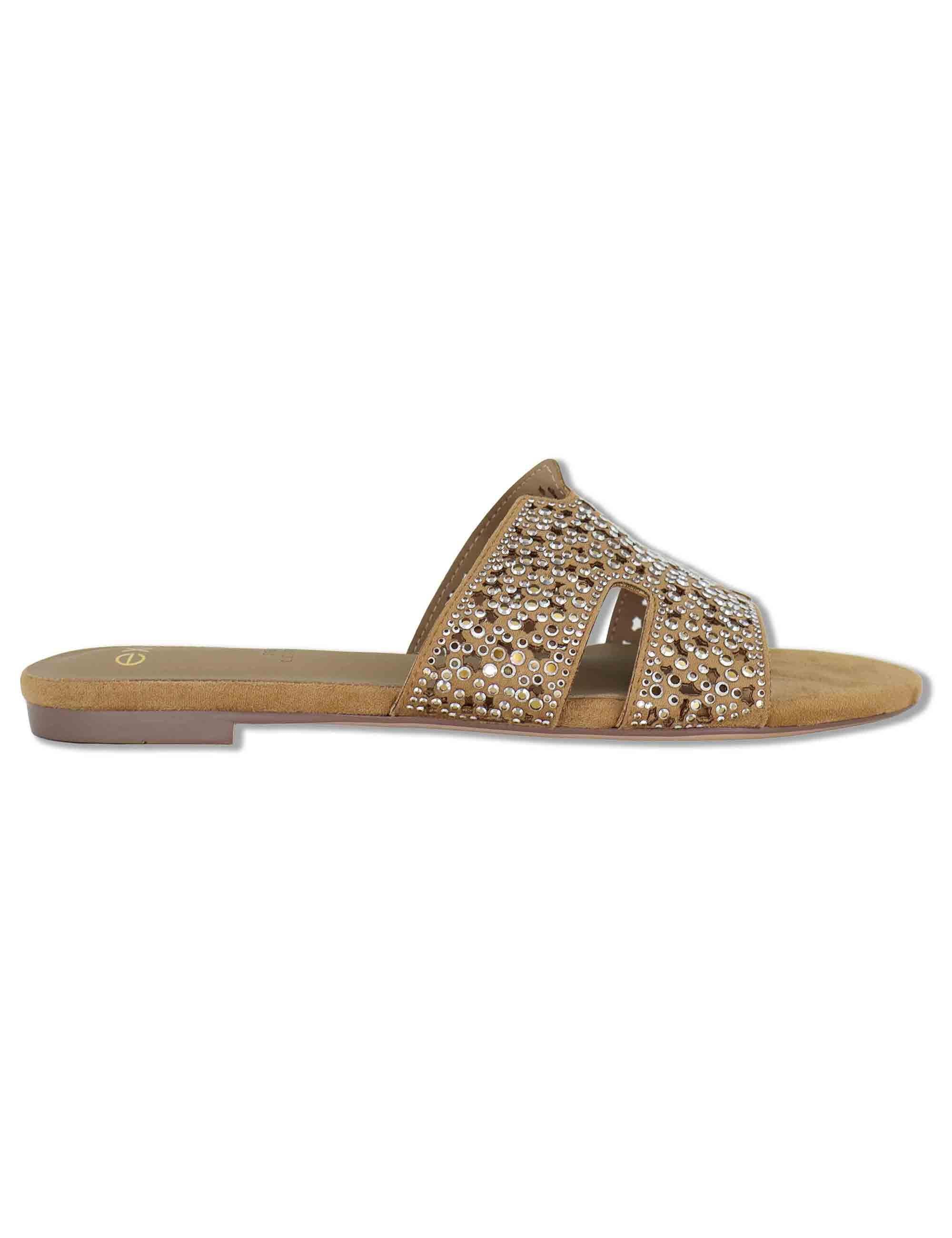 Sandali scalzati donna in tessuto beige con borchie oro 2133-2532 232 Exe 