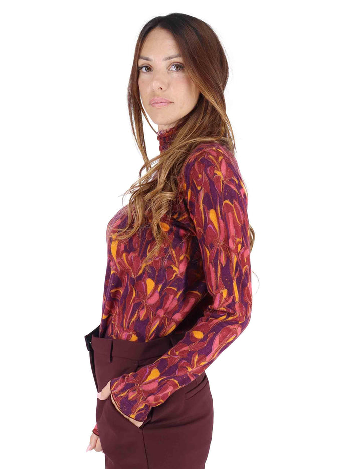 Maglioni donna Printed Knit in lana stampata bordeaux con collo alto JQ510478200 A3359 Maliparmi 