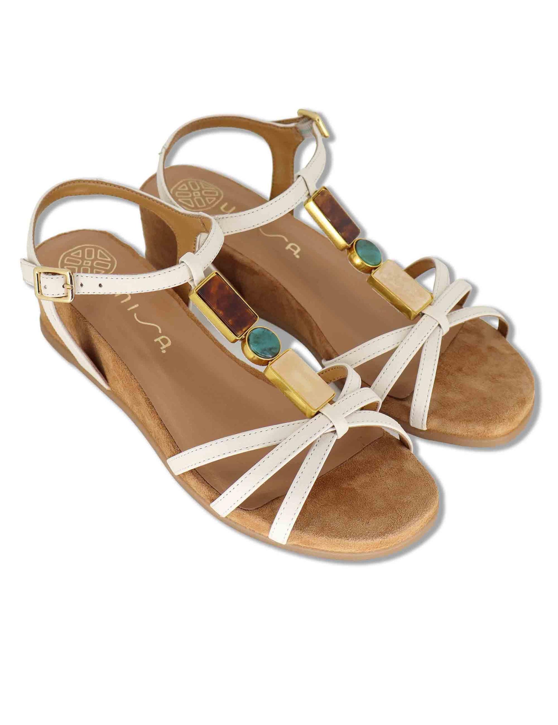 Sandali donna in camoscio cuoio con pietre e zeppa bassa BEDEL GRA IVORY Unisa 