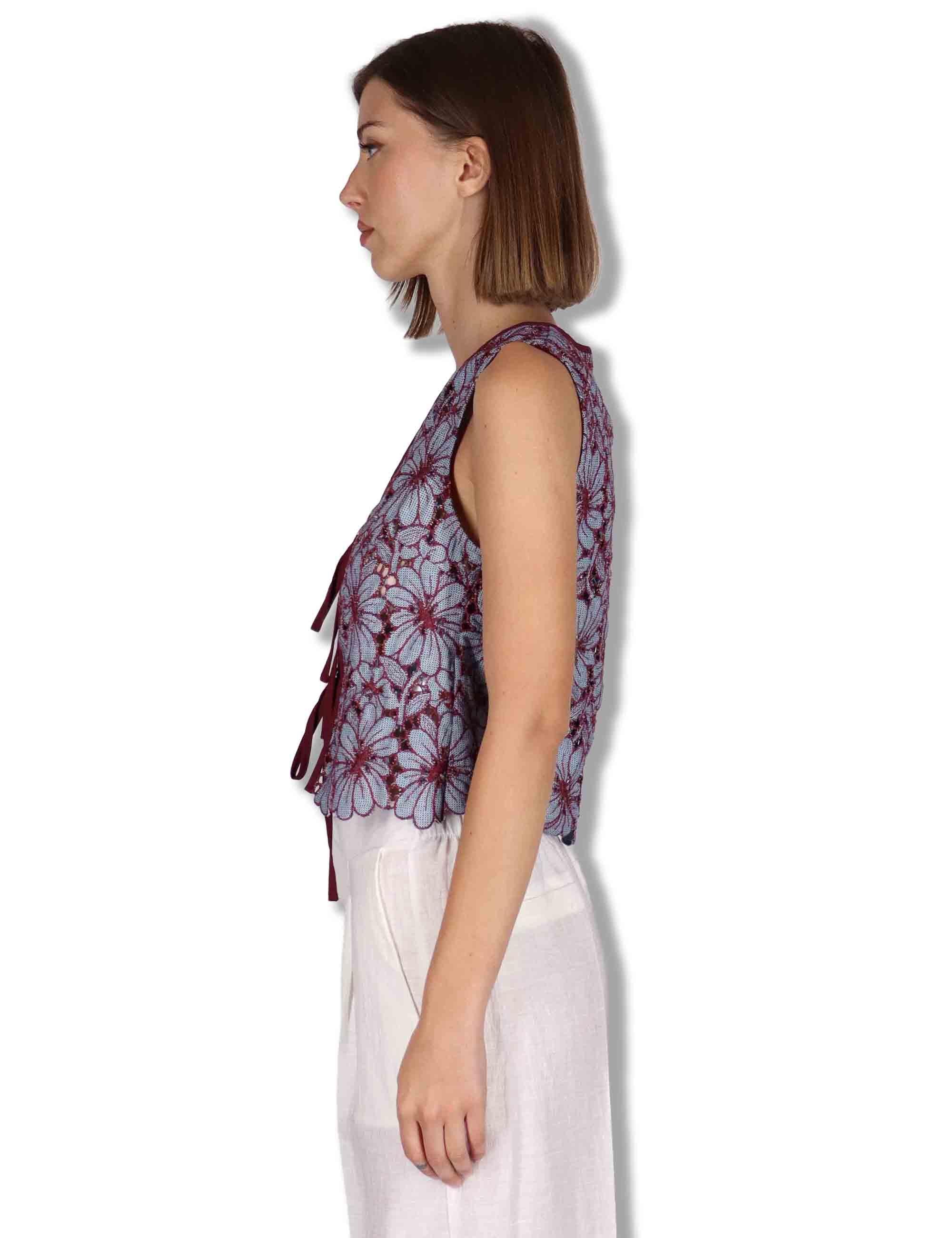 Gilet donna in macrame turchese ricami floreali e nappine JABGI0001-F1504-1251 6005 Justmine 