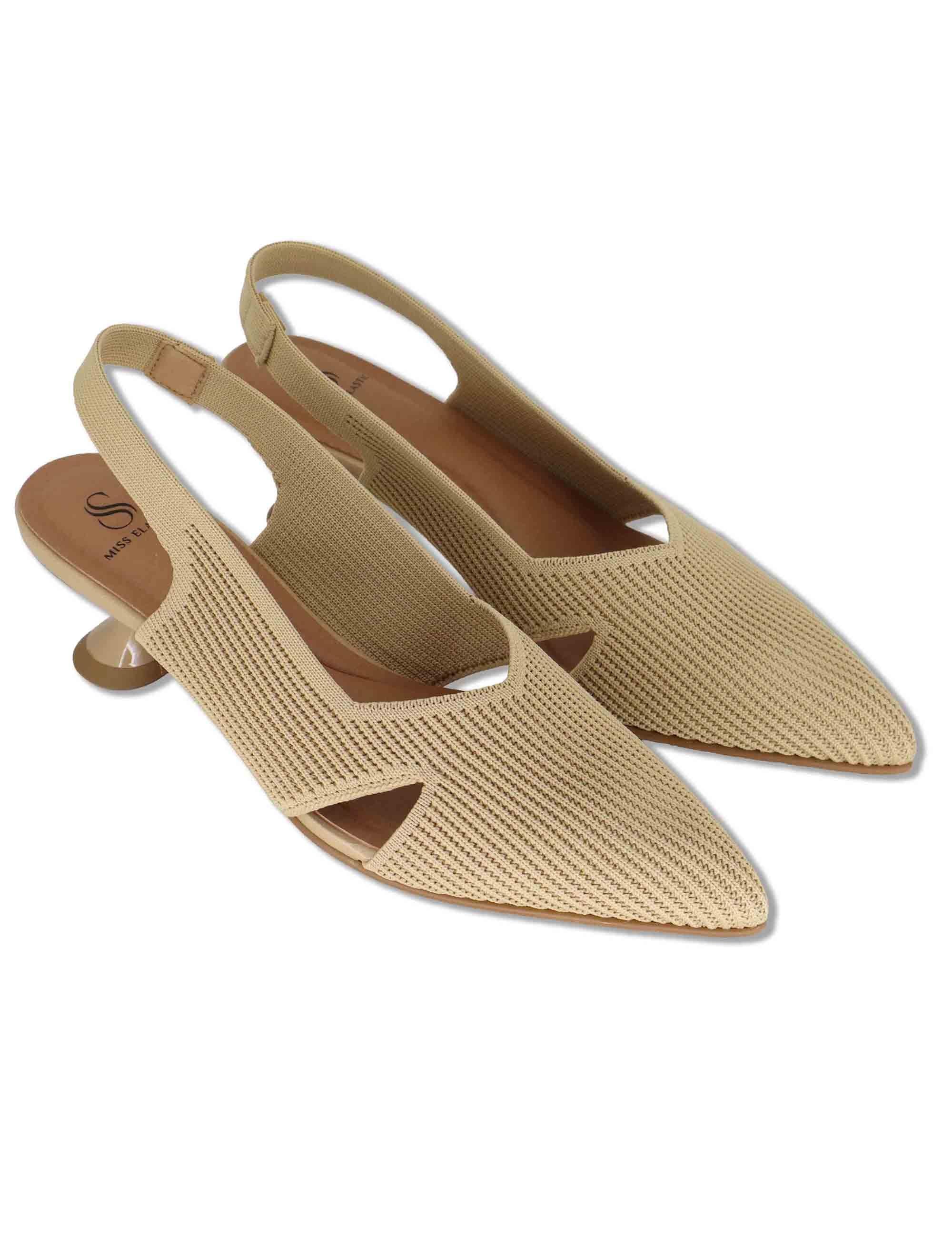 Decollete slingback D'Orsay in tessuto camel aperta ai lati tacco alto 75111 65-04 Miss Elastic 