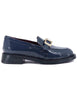 Women's low heel blue patent leather moccasins