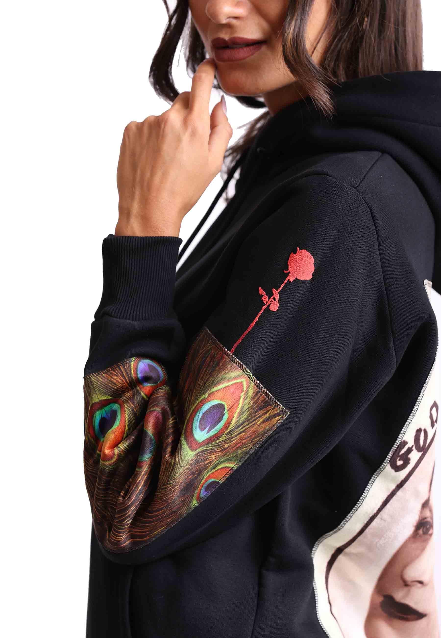 Felpa donna con cappuccio in tessuto nero e stampa in seta HOODIE PAVONE Bastille 