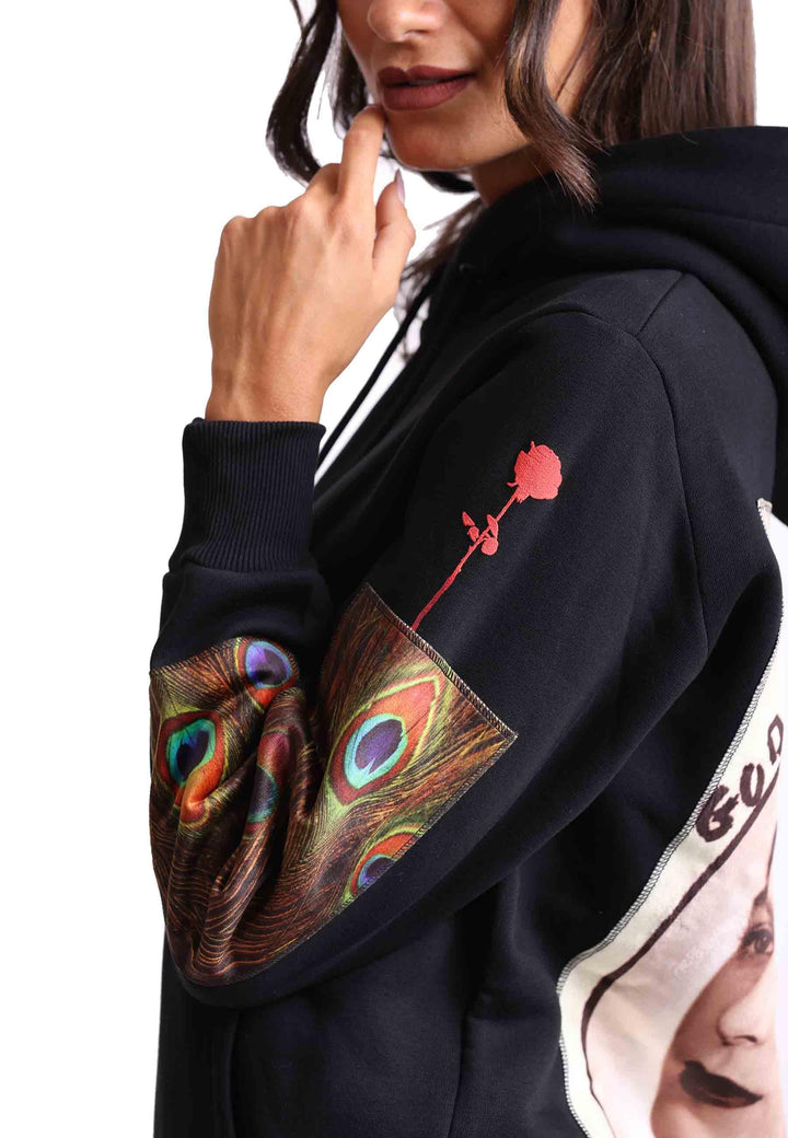 Felpa donna con cappuccio in tessuto nero e stampa in seta HOODIE PAVONE Bastille 
