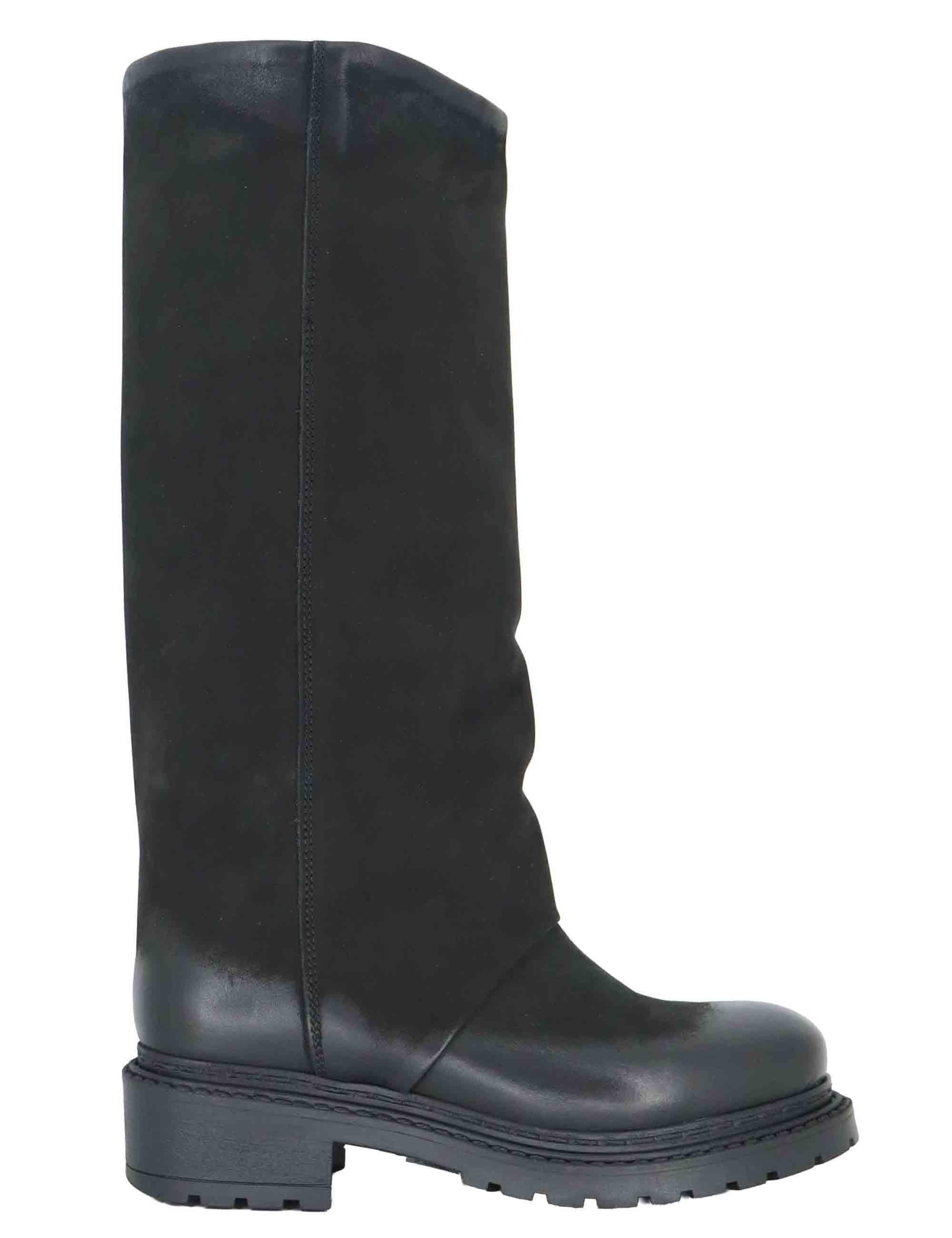 Stivali donna in crosta vintage nera con tacco basso e suola carrarmato SPMA946 001 Spatarella 