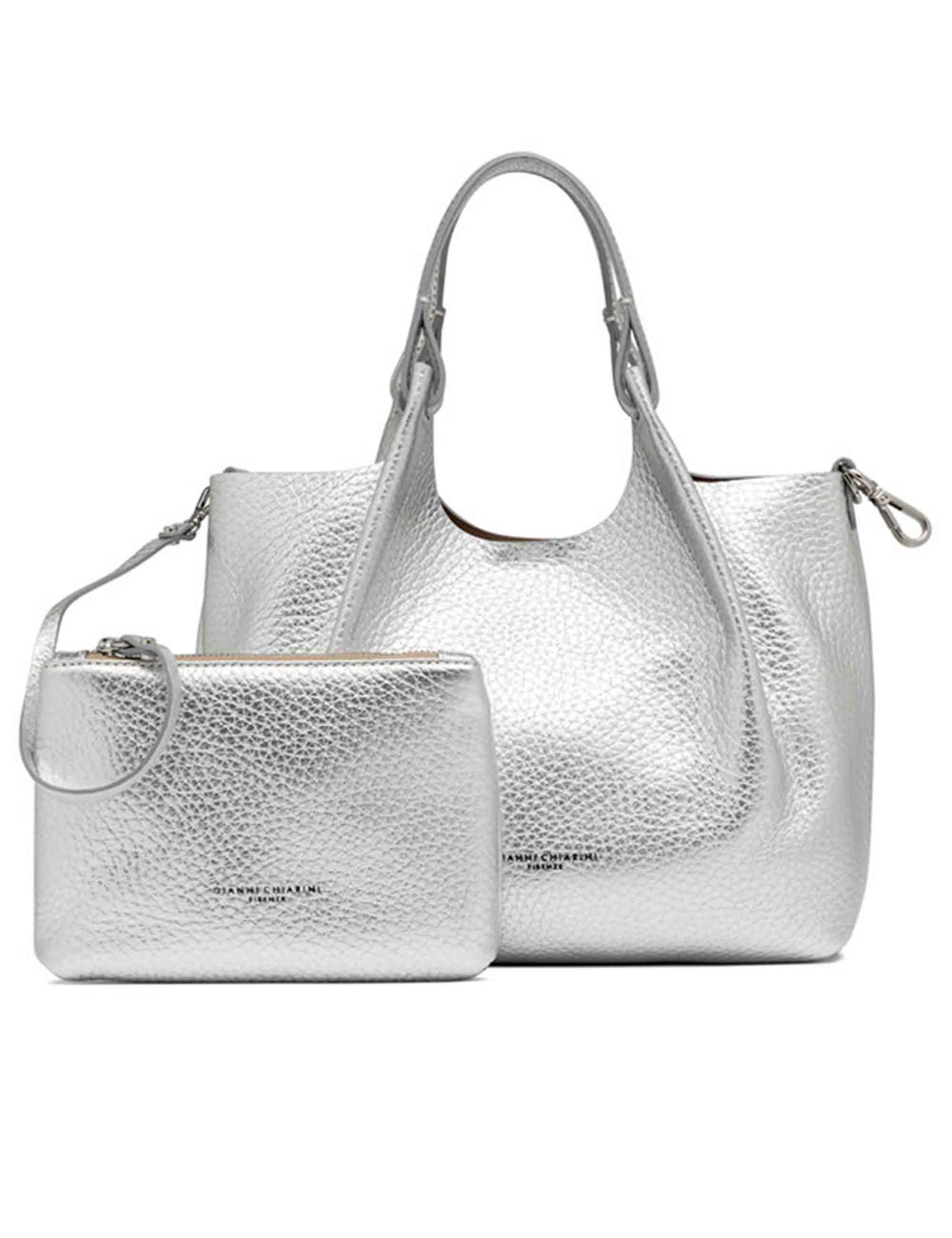 Borse donna Dua in pelle laminata argento con doppi manici e tracolla BS9719 RNGDBL T.U. 14369 Gianni Chiarini 