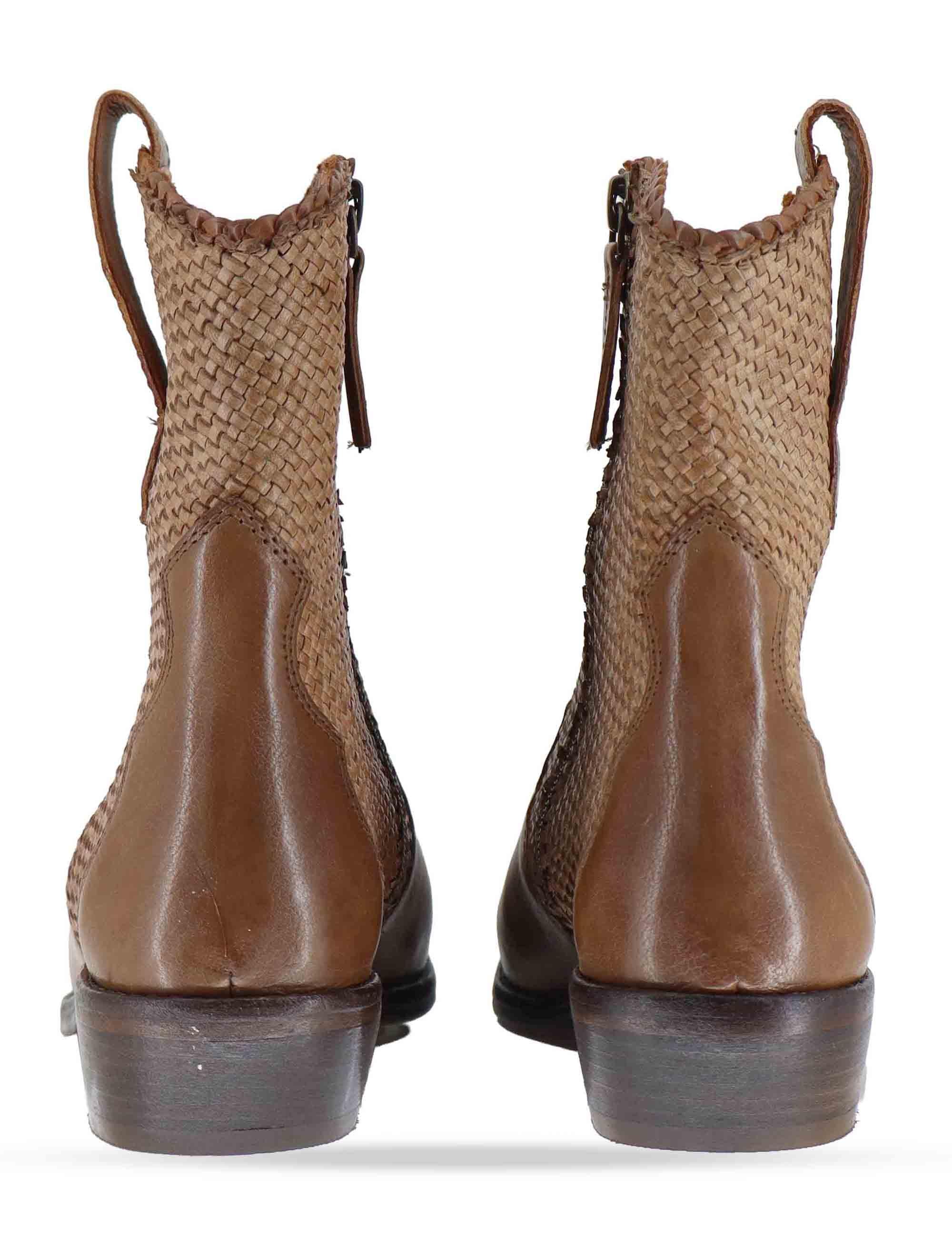 Stivaletti donna in pelle intrecciata cuoio con tacco basso 261-304-14 MOCHA Zolfo 