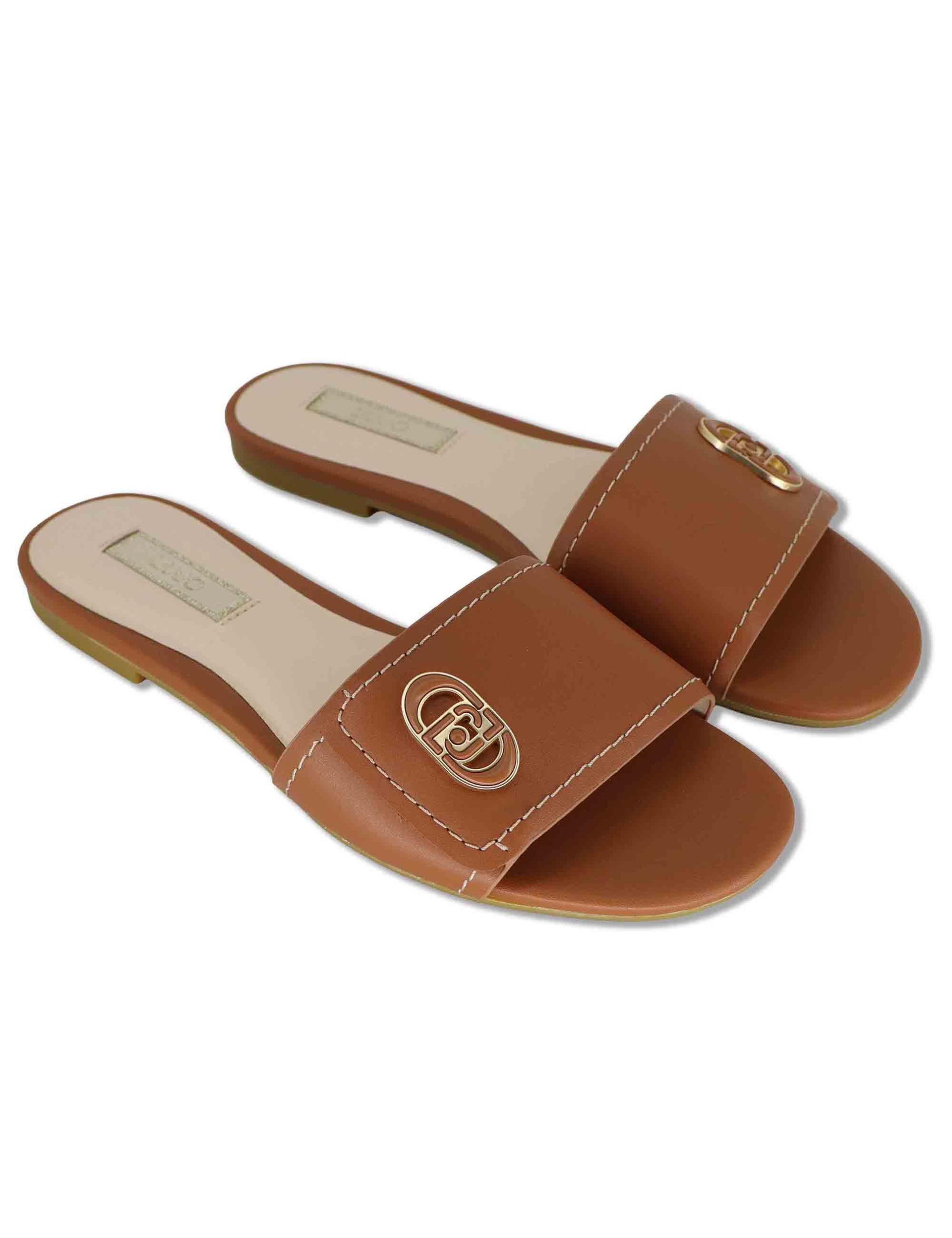 Sandali bassi donna in pelle cuoio con fibbia laterale e suola in gomma SANDY 03 SADDLE Liu-Jo 
