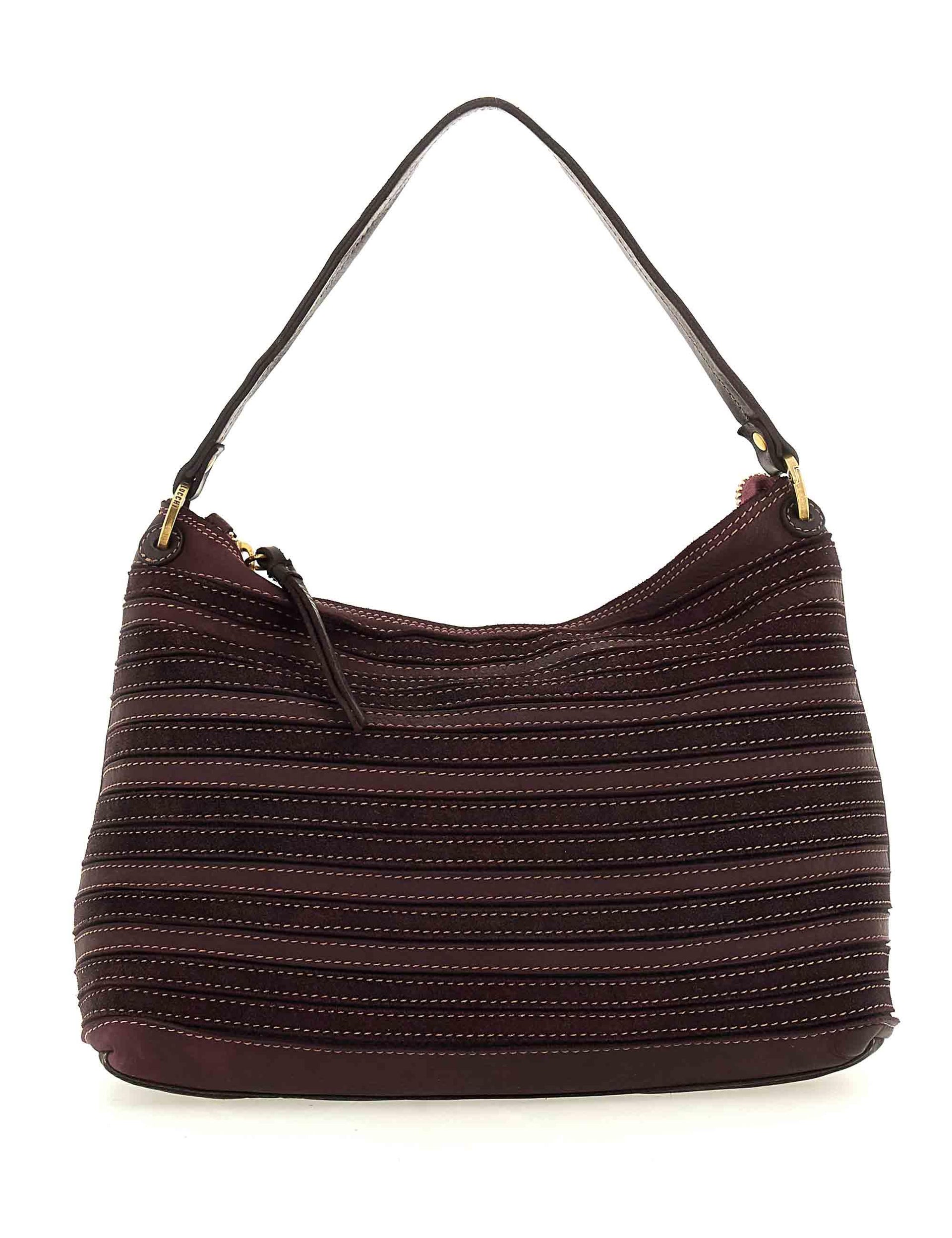 Borsa donna a spalla grande Asia in pelle e camoscio multi riga prugna L012850ND X2917 C3507 Caterina Lucchi 