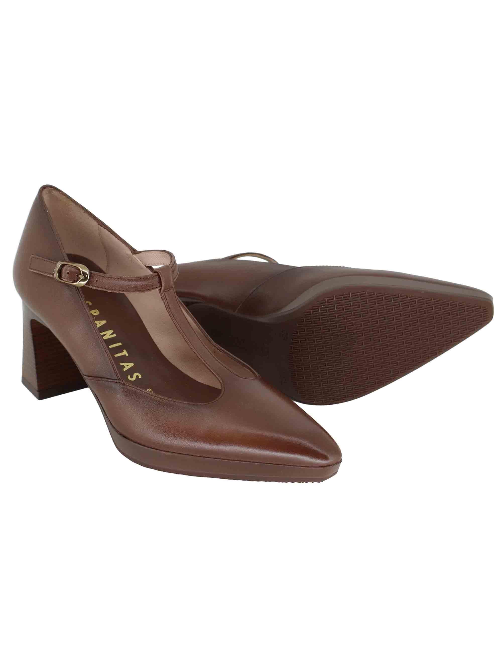 Decollete donna in pelle marrone con cinturino regolabile HI254342 C001 Hispanitas 