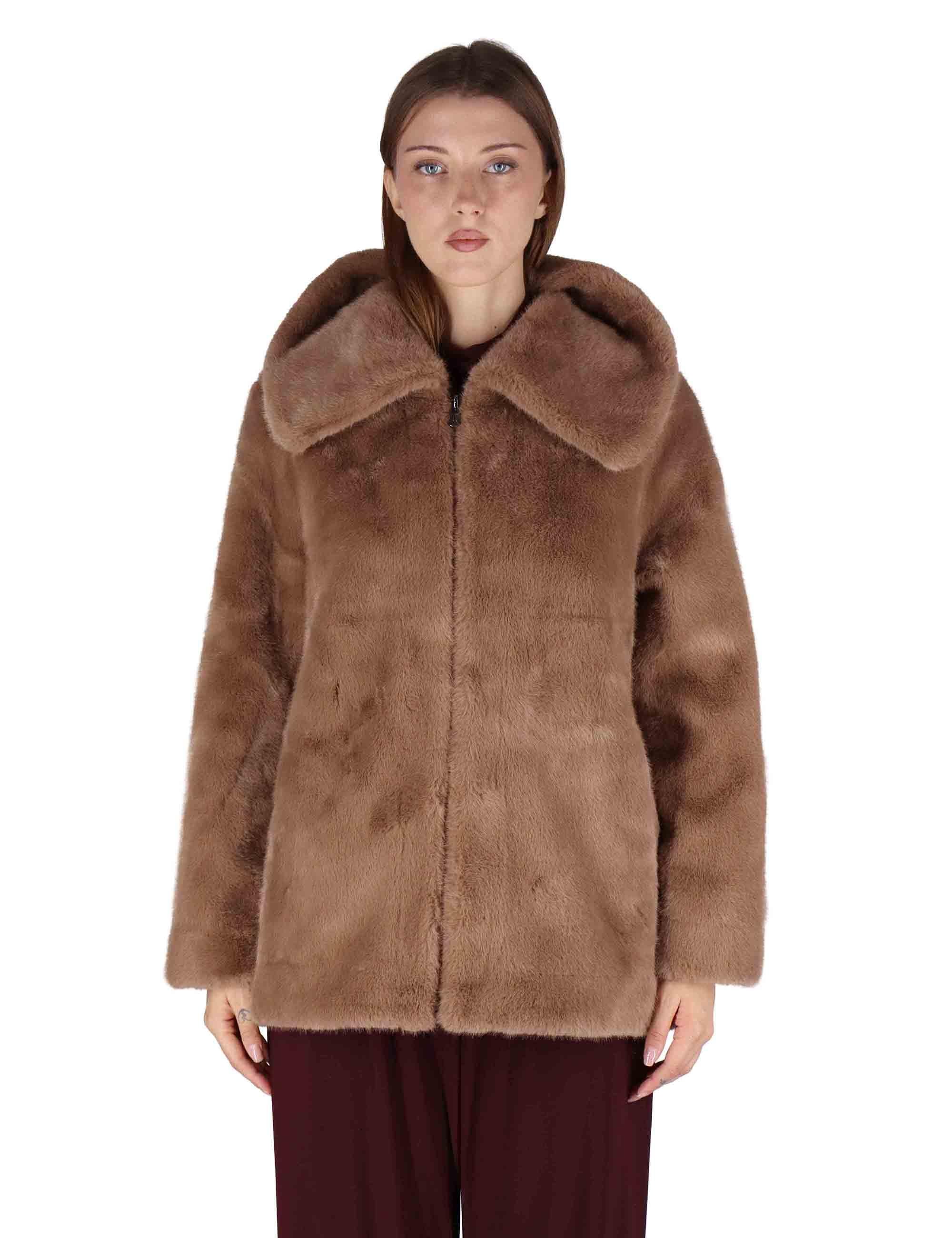 Giacche reversibili donna in eco fur marrone con zip SP25310 BROWN Spatarella 