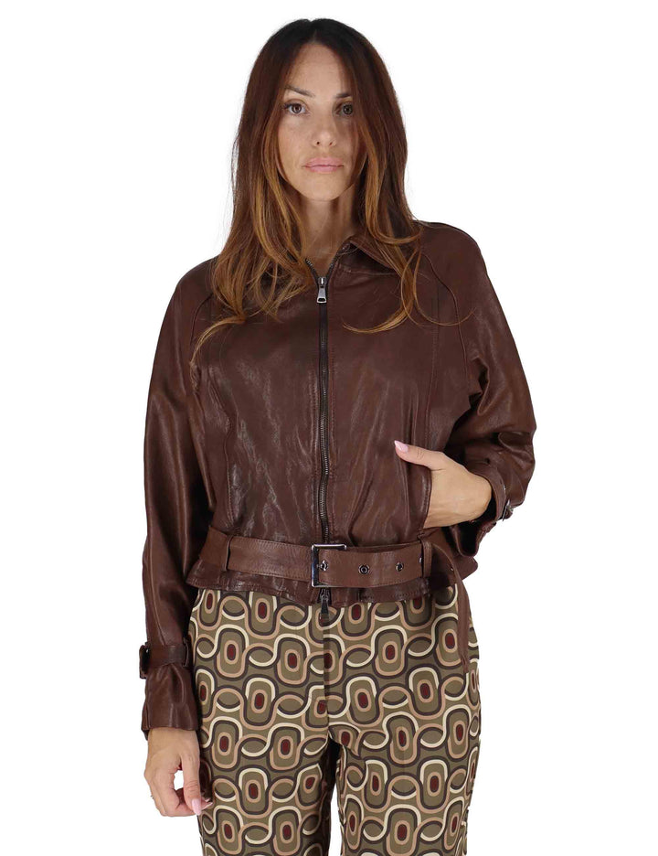 Giubbini donna in pelle marrone taglio chiodo con cintura in vita SP2471 014 Spatarella 