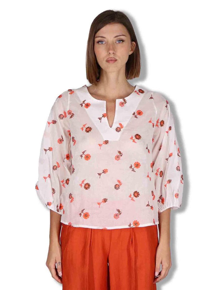 Camicie donna in cotone off white con ricami florali e maniche a 3/4 JABCM0001-F1509-1231 85 Justmine 