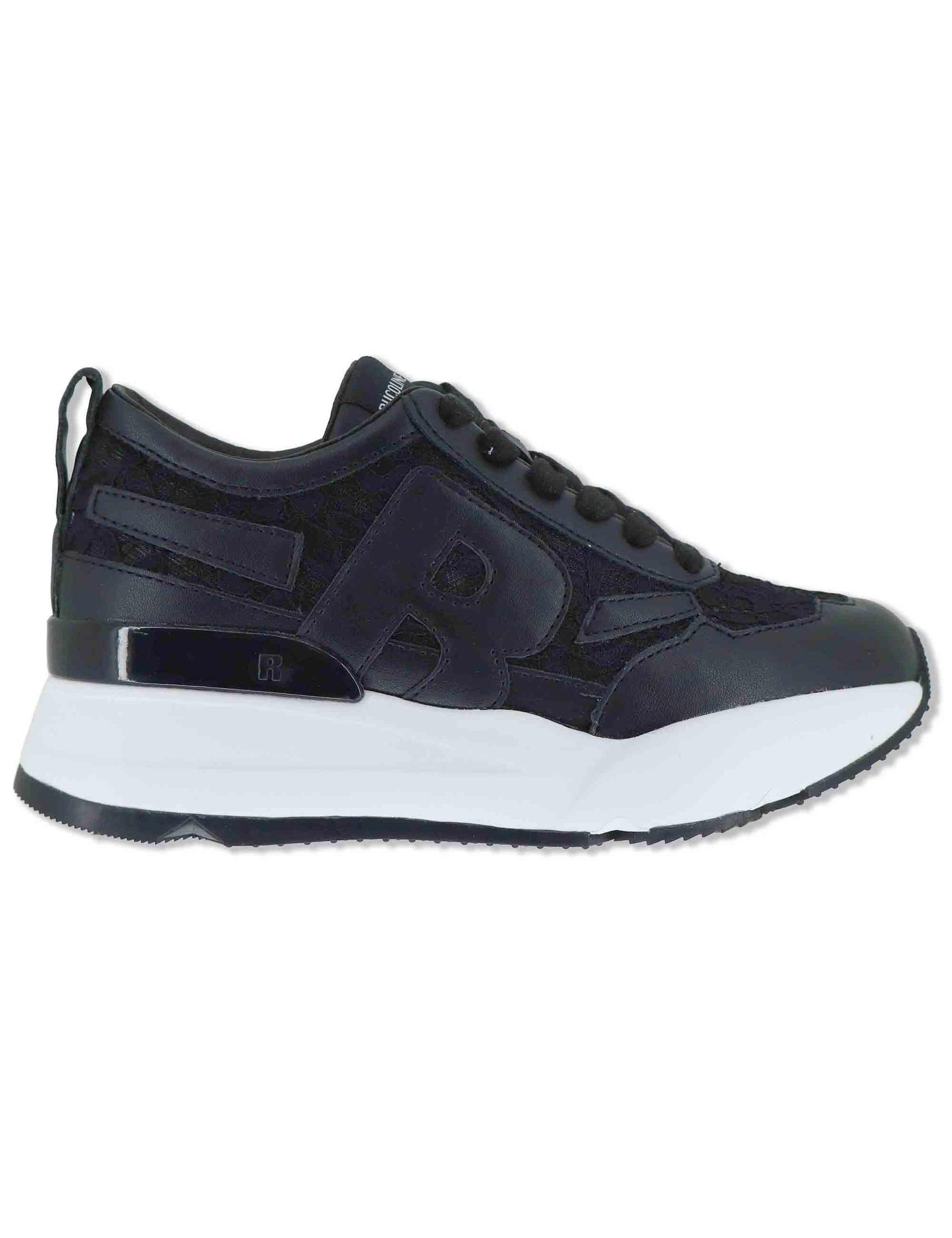Sneakers donna in pelle e pizzo nero con zeppa alta in gomma 4009-84585 1 Ruco Line 