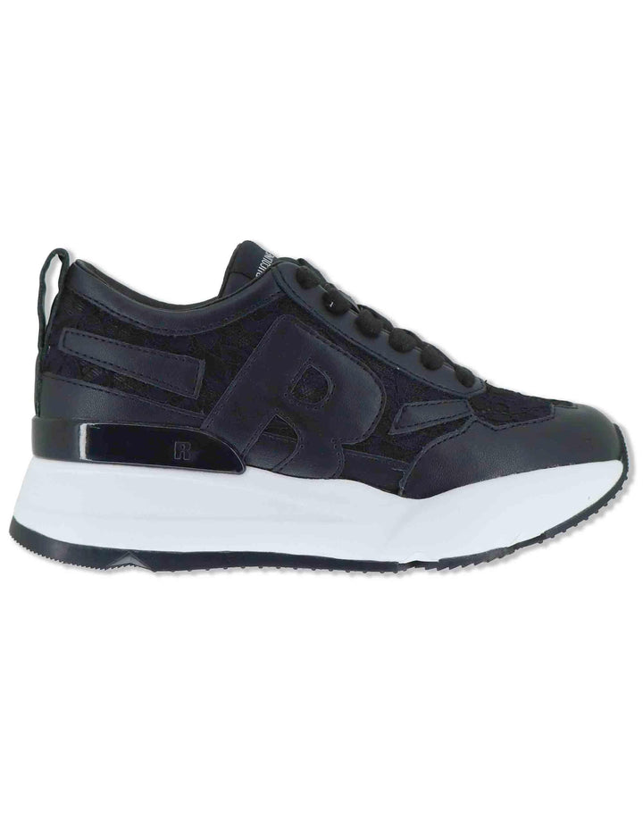 Sneakers donna in pelle e pizzo nero con zeppa alta in gomma 4009-84585 1 Ruco Line 