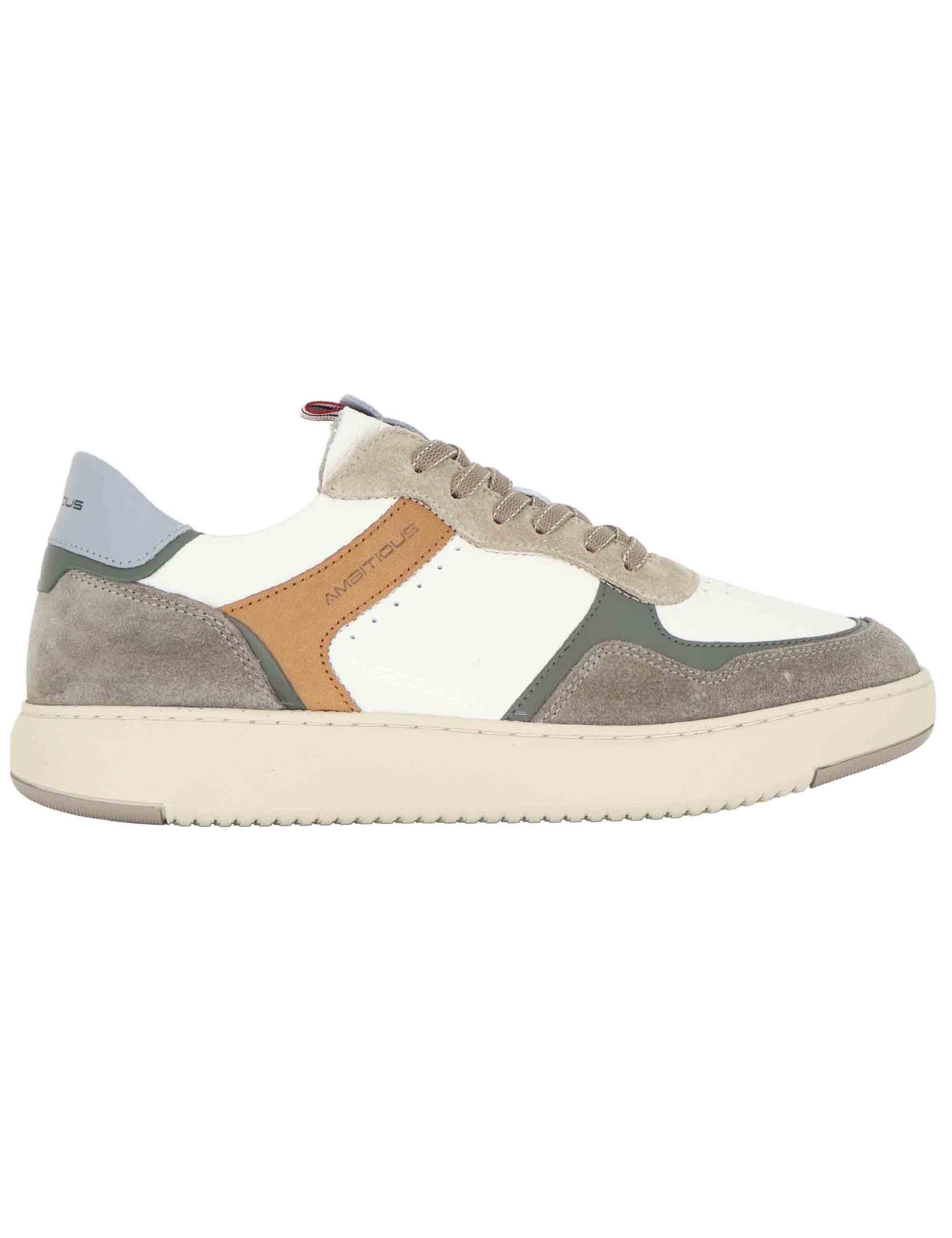 Sneakers uomo in pelle bianca e camoscio taupe 14095 1580AM Ambitious 