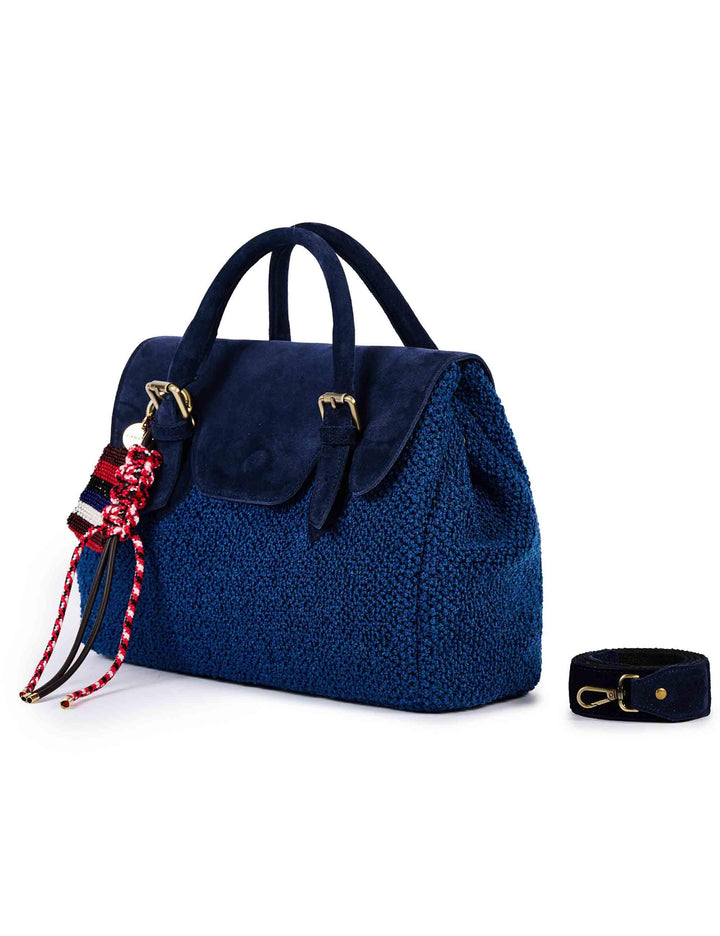 Borse donna in cotone boucle e camoscio blu con tracolla removibile SIENNA H05 Via Mail Bag 
