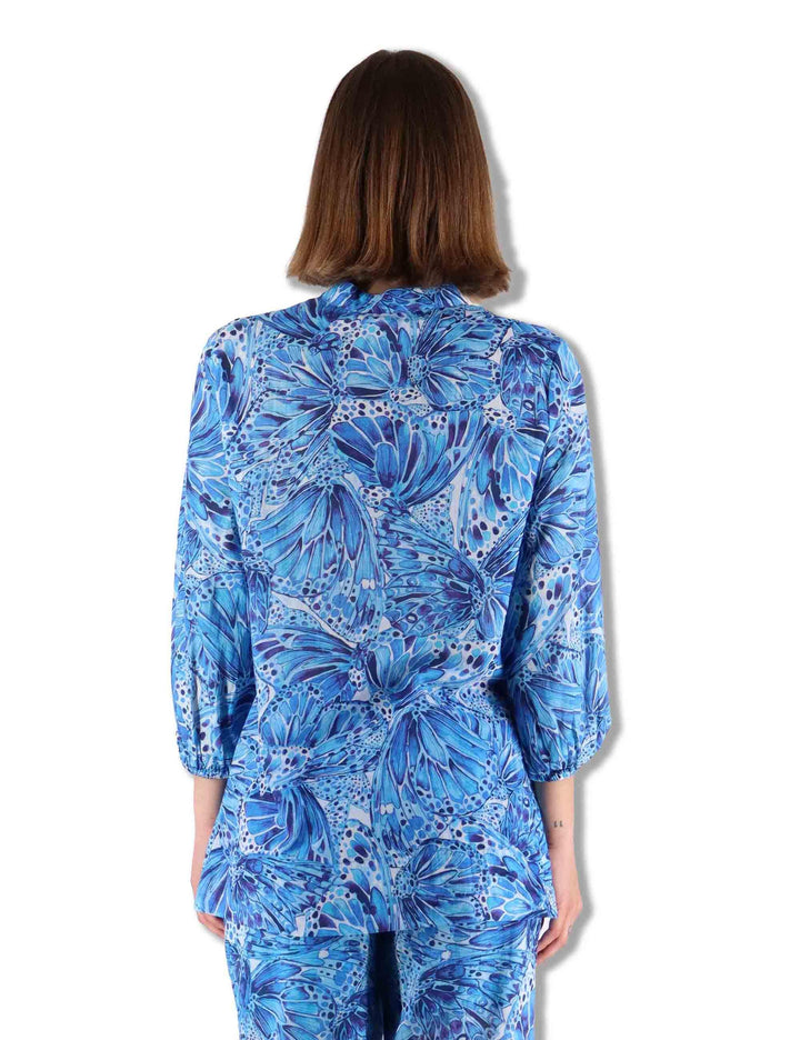 Camicie donna Sweet Butterfly in cotone stampato azzurro maniche 3/4 JM557415217 A8186 Maliparmi 