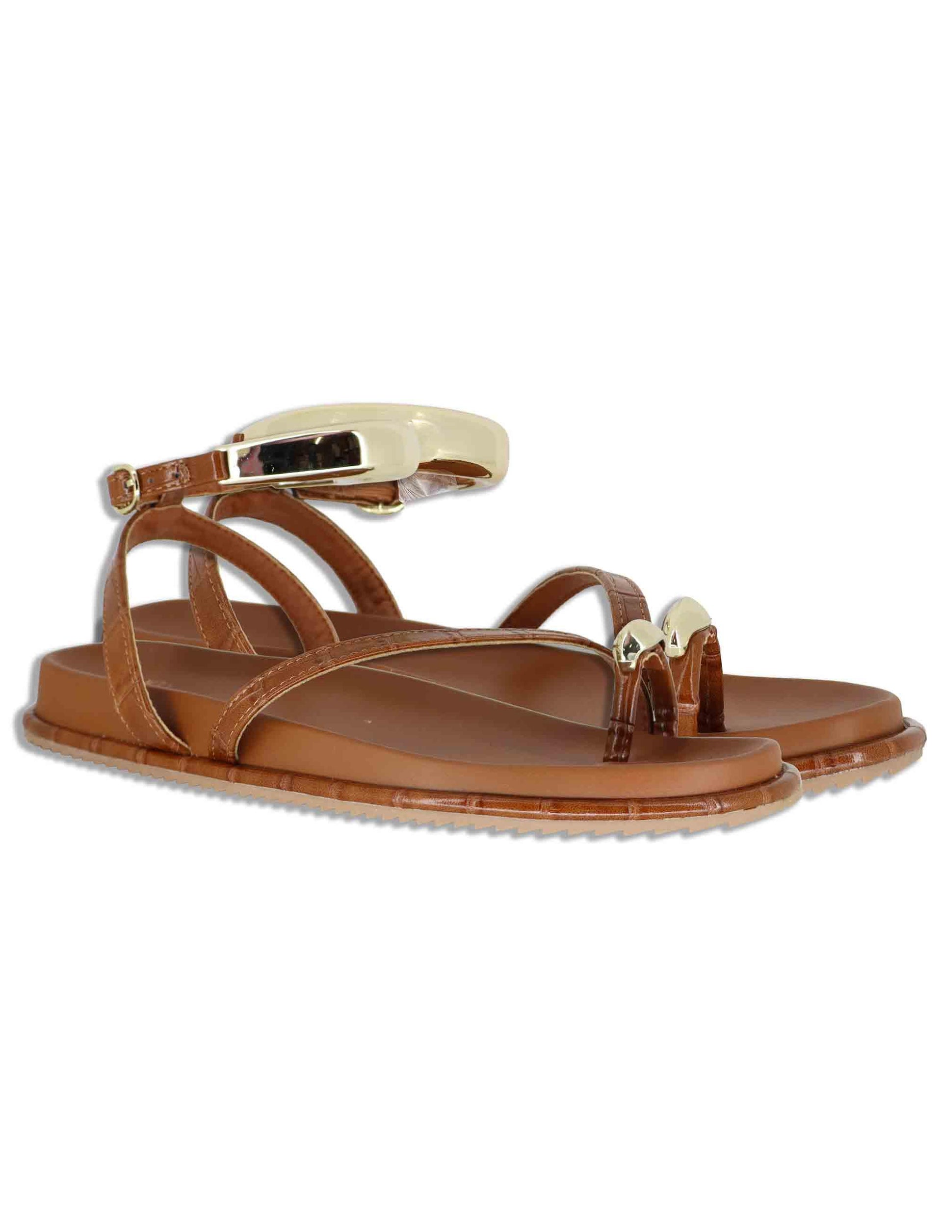 Sandali donna infradito basso in eco pelle cuoio con anello e bracciale W427A324 1G55 Exe 