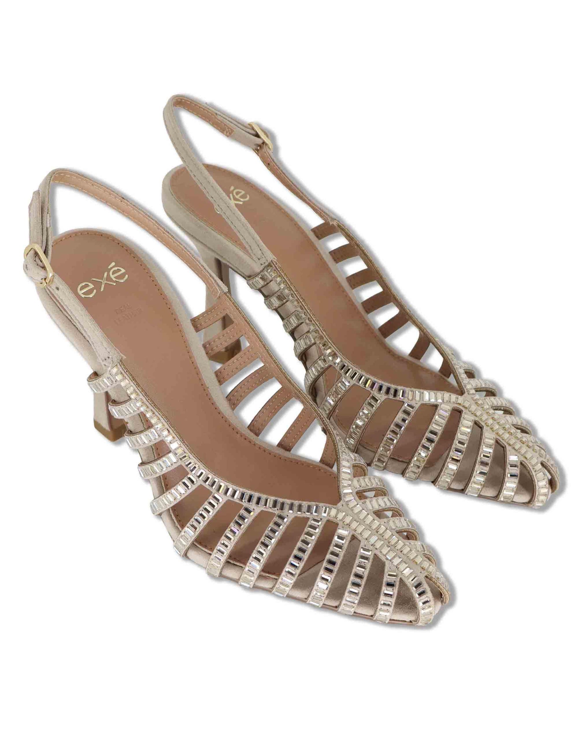 Sandali donna in camoscio e borchie oro con tacco alto e cinturino posteriore W4700505 543H Exe 